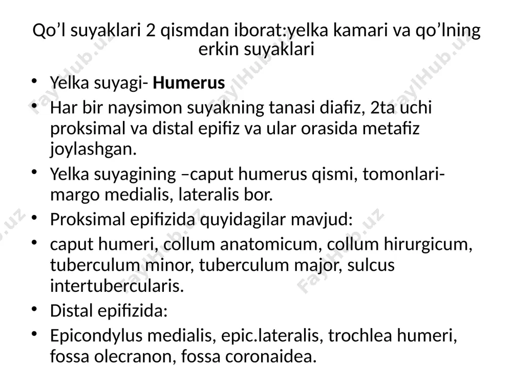 s lunatum- yarim oysimon 3)os trigietrum- 3 qirrali 4) os pisiform- no’xatsimon 2- yoki distal qatorda quyidagilar joylashgan: 1)os trapezium- trapetsiya shaklli 2)os trapezoideum- trapetsiyasimon 3)os capitatum- boshchali 4)os hamatum- ilmoqli suyak chanoq suyagi- pelvina yarim chanoq- os coxae butun chanoq- os pelvina os coxae- 3ta suyakdan tashkil topgan: 1) os ilium- yonbosh suyagi 2) os ischii- o’tirg’ich suyagi 3) os pubis- qov suyagi yonbosh suyakning qanotlari ala ossis ilii qirrasi crista iliaca bo’lib, bu qirra oldingi tomonda spina iliaca anterior superior et inferior ni hosil qilsa, orqa tomonda spina iliaca posterior superior et inferior ni hosil qiladi. acetabulum- sirka kosasi.bu 3ta suyak tanasining qo’shilishidan hosil bo’lgan, bunga son suyagining boshchasi kirib turadi. foramen obturatorium- yopqich teshik, o’tirg’ich va qov suyaklarining butoqlari qo’shilishidan hosil bo’lgan. butun chanoq - pelvina 2 ga bo’lib o’rganamiz: 1) pelvis major 2) pelvis minor katta chanoq chegaralari: oldindan: qorinning oldingi devori orqadan: l 5 umurtqa …
