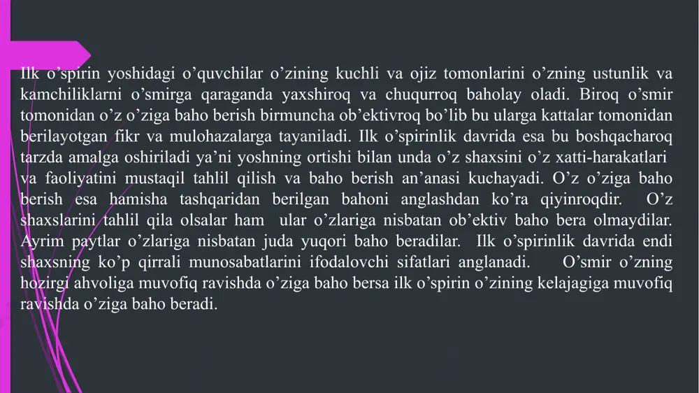 g ko’lamda yo’lga qo’yilishi . maxsus muassasalar faoliyati. kasbga oid ko’rgazmalar sayohatlar uyushtirilishi. ijodkor nufuzli mahoratli kishilar bilan uchrashuvlar o’tkazilishi. kasb tanlashda mahalliy matbuot radio va televideniyaning ishtiroki. v.a.krutetskiy o’spirinlarda uchrash mumkin bo’lgan motivlardan quyidagilarni alohida ta’kidlab o’tadi: -biror o’quv faniga nisbatan o’spirinning qiziqishi. -vatanga foyda keltirish istagi -shaxsiy qobiliyatini ro’kach qilib ko’rsatish -oilaviy an’analariga rioya qilishi -do’stlari va o’rtoqlaridan o’rnak olganligi -ish joyining va o’quv yurtining uyga yaqinligi - moddiy ta’minlanganlik - o’quv yurti ko’rinishining chiroyliligi yoki unga joylashishining osonligi singari motivlardir. v.shubkin qiziqarli ma’lumotlarni keltirb o’tadi ma’lum bo’lishicha maktabni bitirib chiqayotgan yoshlar fizik radiomutaxassis matematik uchuvchi geolog vrach adabiyot va san’at xodimi kasblarini juda yuqori baholar ekanlar. v.a.krutetskiy a.v.darinskiy yoshlarni oliy ma’lumot olishning ijobiy tomonlari bilan birga salbiy tomonlari ham mavjudligini ko’rsatib o’tadilar. -ilk o’spirin o’zlari tanlagan oliy o’quv yurtga kirish uchun imtihon topshiradigan 3-4 ta fanni chuqur o’rganshni mo’ljallaydilar xolos. boshqa fanlarni o’rganishga vaqt sarflash oqilona va …