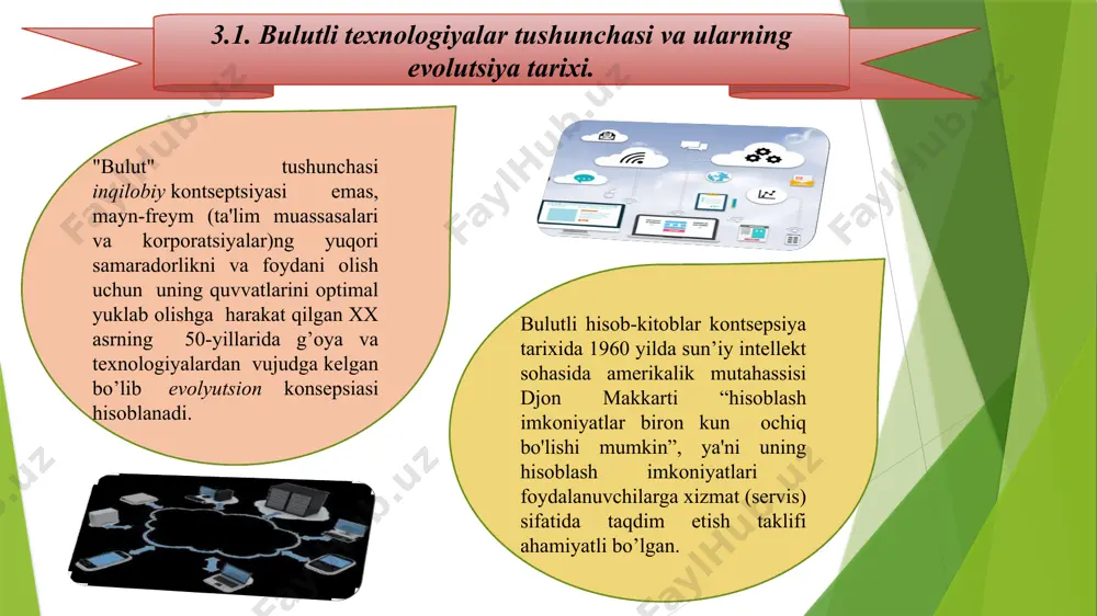 ne bulutli platformalarni taqdim etgan. 2008 yildan boshlab bulutli hisoblash bozori yetakchi kompaniyalar (amazon , microsoft , salesforce , google , hp, dell , at&t, rackspace) va muayyan muammolarni hal qilish uchun bulutli manbalarni taqdim etuvchi tashkilotlar (engine yard , gcloud3, orangescape) bilan to'ldirilib, tez sur'atlar bilan rivojlana boshladi. 2009 yilda google apps ilovalari ishga tushirilishi targ'ib qilisdah va bulutli hisoblashni anglashda navbatdagi muhim qadam sifatida nishonlanadi. 2009–2011 yillarda bulutli hisoblash kontseptsiyalarining bir qancha muhim holatlari shakllantirildi, xususan, tashkilotlarda foydalanish uchun mos bo'lgan shaxsiy bulutli hisoblash modeli ilgari surildi, -storage-as-a- service (saas) , process-as-a-service (paas), information-as-a-service (iaas) kabi turli xil xizmat modellari ajrala boshladi. 3.2. bulutli texnologiyalar va bulutli hisoblash bulut texnologiyalar- ma'lumotlarni saqlash va qayta ishlash uchun qulay vosita bo’lib, apparat, litsenziyaga dasturiy ta'minot, aloqa kanallarini o’z ichiga oladi va foydalanuvchilar uchun maqsadlar, vazifalar, loyiha amalga oshirish uchun texnik ko’mak ko’rsatadi. bulutli hisoblash deganda (cloud computing ingliz tilidan olingan) …