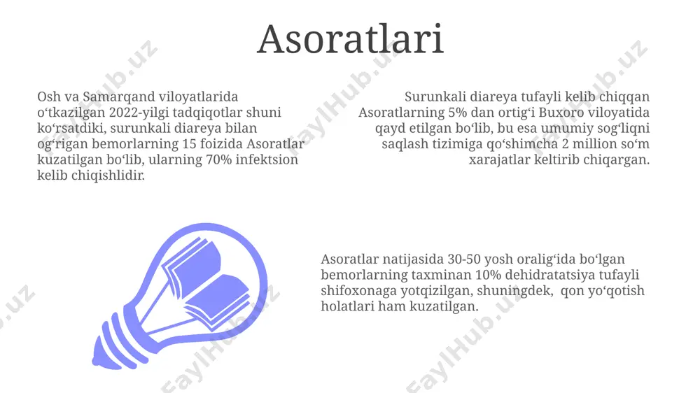 olish jahon sogʻliqni saqlash tashkilotining maʼlumotlariga koʻra, har yili dunyo boʻylab 1,7 million kishi oʻtkir diareya tufayli vafot etadi, bu esa kasallikning jiddiyligini koʻrsatadi. oʻtkir diareya bilan ogʻrigan bemorlarda suvsizlanish darajasi 10% dan oshishi mumkin, bu esa hatto toshkentdagi kabi rivojlangan shaharlarda ham jiddiy asoratlarga olib kelishi mumkin. oʻtkir diareya tufayli yoʻqolgan elektrolitlarni qoplash uchun 3-5 litrgacha suyuqlik va maxsus tuzli eritmalar, masalan, "regidron", qabul qilinishi tavsiya etiladi. homiladorlik davrida surunkali diareya o'rta osiyo mamlakatlarida o'tkazilgan so'rovnomalar shuni ko'rsatdiki, surunkali diareya bilan og'rigan homilador ayollarning 70% dan ko'prog'i temir tanqisligi kamqonligidan aziyat chekadi, bu esa 250mg dan ortiq temir preparatlarini qabul qilishni talab qiladi. surunkali diareya homiladorlikning birinchi trimestrida 2 barobar ko'proq uchraydi va bu holat 5-10% homilador ayollarda tug'ruqdan keyingi davrda ham davom etishi mumkin, samarqand viloyatining epidemiologik ma'lumotlariga asosan. homiladorlik davrida surunkali diareya 1000 dan ortiq ayolda kuzatilgan bo'lib, ularning 30%ida dehidratatsiya belgilari, 15%ida esa elektrolitlar muvozanati buzilishi …