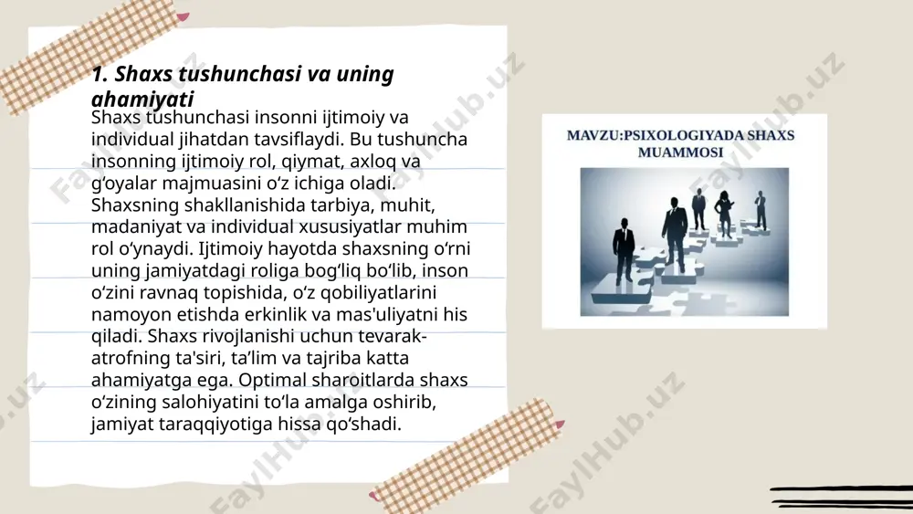 ristik yondashuv, shaxsning xulq-atvorini tashqi stimullar va muhit ta’sirida o‘rganadi. psixoanalitik yondashuv esa shaxsni bezovta qiluvchi ongsiz jarayonlar va bolalik tajribalariga e’tibor qaratadi. gumanistik psixologiya insonning o‘z-o‘zini anglash va o‘sishiga e’tibor beradi. kognitiv yondashuv esa ong, idrok qilish va fikrlash jarayonlarini o‘rganadi. har bir yondashuvning o‘ziga xos metod va nazariyalari bor, masalan, biheviorizm pavlovning shartli reflekslari va skinnerning operant o‘rganishini o‘rganadi, psixoanaliz esa freydning nazariyalariga tayanadi. ... t.me/slaydai_bot 7. shaxsiy qobiliyatlar va ularning rivojlanishi shaxsiy qobiliyatlar insonning o'ziga xos jihatlarini aks ettiradi. ular tug'ma yoki orttirilgan bo'lishi mumkin. qobiliyatlar, masalan, tahliliy fikrlash, ijodkorlik, muammoni hal qilish qobiliyati singari ko'plab turli ko'rinishda namoyon bo'ladi. ularni rivojlantirishda maqsadli treninglar, kitoblar o'qish, muammolarni yechish mashqlari muhim ahamiyatga ega. tadqiqotlar shuni ko'rsatadiki, inson qobiliyatlarining samarali rivojlanishi uchun kuniga kamida 1-2 soat vaqt ajratib, amaliyotni uzluksiz davom ettirish kerak. 70% shug'ullangan harakatlar amaliyot, 20% kuzatuv, va 10% nazariya yo'lida kechishi qobiliyatlarni samarali oshirishga yordam beradi. …