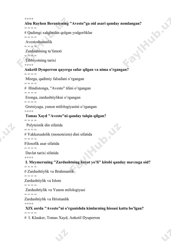 = = = = a. rustamov, g’. abdurahmonov ++++ xitoy tarixchisi sima syan qaysi asarni yozgan? = = = = ershi sishi = = = = # "tarixiy xotiralar" = = = = qadimgi turklar = = = = jome at-tavorix ++++ markaziy osiyo tarixini o'rganishda xitoy manbalarining ahamiyati kim tomonidan katta e'tirof etilgan? = = = = l. n. gumilyov = = = = # n. ya. bichurin = = = = v. v. radlov = = = = s. p. tolstov ++++ arab xalifaligi qaysi davrda markaziy osiyoni bosib oldi?4 = = = = vii asr = = = = x asr = = = = # viii asr = = = = vi asr ++++ "tarixi ar-rasul-val-muluk" asari kim tomonidan yozilgan? = = = = narshaxiy = = = = # tabariy = = = = ismoil buxoriy = = = = abu dovud sijistoniy ++++ tabariy …