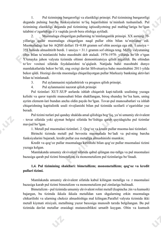 ritildi. 1994 yilda milliy valyutaning muomalaga kiritilishi bank tizimi rivojlanishining birinchi bosqichini yakunladi va ikkinchi bosqichini boshlab berdi. bu iqtisodiyotda amalga oshirilayotgan islohotlarda sifat jihatidan yangi bosqich boshlanganidan darak berardi. bu davrda markaziy bank asosiy e’tiborni makroiqtisodiy barqarorlikni ta’minlashga va shu asosda iqtisodiy islohotlarni chuqurlashtirish va iqtisodiy o‘sish uchun qulay sharoitlar yaratishga qaratdi. shu paytdan boshlab, markaziy bankning asosiy kuch va vositalari mustaqil pul-kredit siyosatini ishlab chiqish va uni amalga oshirish, tijorat banklari faoliyatini tartibga solish va nazorat qilish, samarali to‘lov tizimini yo‘lga qo‘yishga erishishga yo‘naltirildi. bu davrda pul tizimining huquqiy bazasi mustahkamlanib, bank qonunchiligi takomillashtirildi. 1995 yili «o‘zbekiston respublikasining markaziy banki to‘g‘risida»gi qonuni va 1996 yili o‘zbekiston respublikasining «banklar va bank faoliyati to‘g‘risida»gi qonunining yangi tahrirda qabul qilinishi zamonaviy pul tizimini tashkil etilishini, tijorat banklarini xalqaro moliya bozorlariga chiqishini, aholi, korxonalar va xorijiy sarmoyadorlarning pul tizimiga bo‘lgan ishonchini mustahkamlanishini, barqaror iqtisodiy o‘sishni hamda xalq farovonligini oshirilishini ta’minlashga qaratilgan istiqbollarni …