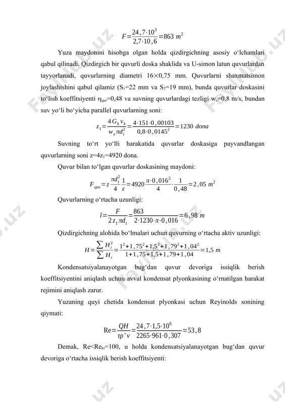 ing o‘rtacha aktiv uzunligi: kondensatsiyalanayotgan bug‘dan quvur devoriga issiqlik berish koeffitsiyentini aniqlash uchun avval kondensat plyonkasining o‘rnatilgan harakat rejimini aniqlash zarur. yuzaning quyi chetida kondensat plyonkasi uchun reyinolds sonining qiymati: demak, re rekr, kondensatning harakat rejimi turbulent. ts=td=750c bo‘lganda prd=prs=2,37 va =1, u holda quvur devoridan kondensatga o‘rtacha issiqlik berish koeffitsiyenti: issiqlik uzatish koeffitsiyenti: k ning aniqlangan qiymati 1% dan kichik, demak hisoblash to‘g‘ri. 5.2-masala. pbq da qizdiruvchi bug‘ kondensatni kaskadli tо‘kishni kо‘taruvchi nasosga almashtirilganda yoqilg‘i sarfi о‘zgarishini aniqlang. pbq ni ulanish sxemasi 5.1-rasmda kо‘rsatilgan. sxemaning asosiy parametrlari: p0=12 mpa, h0=3482 kj/kg, p4=0,2 mpa, h4=2792 kj/kg, p5=0,1 mpa, h5=2686 kj/kg, pk=4 kpa, hk=2320 kj/kg, dk=50 kg/s, tt.s=2300c, pt.s=18 mpa, q.q=0,89, i.i=0,98, . yechilishi: eksergetik tahlil bо‘yicha issiqlikning ahamiyatlilik koeffitsiyenti aniqlanadi: bu yerda , bunda s0, st.s va suv bug‘ining h-s diagrammasi va suv bug‘ning xususiyatlari jadvalidan aniqlanadi: s0=6,622 kj/(kg0s); st.s=2,581 kj/(kg0s), ; ei va es – turbina quyi pog‘onalarining ichki …
