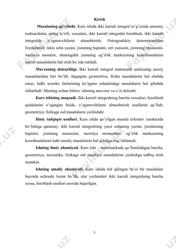 2-misol. integralni d: y=2- y=2x-1, chiziqlar bilan chegaralangan soha bo’lganda hisoblang. yechish. birinchi chiziq uchi (0,2) nuqtada oy o’qiga simmetrik bo’lgan parabola. ikkinchi chiziq to’g’ri chiziq. bu chiziqlarning kesishish nuqtalarini topamiz: tenlamalar sistemasini yechib, a(−3;−7), b(1,1) nuqtalarni topamiz. (1) formulaga asosan, bo’ladi. 2) ikki karrali integral asosiy tushunchalari ikki o’lchovli integrallar oxy tekislikda l chizik bilan chegaralangan, d yopiq sohani qaraymiz. d sohada uzluksiz funksiya, z =f (x, y) berilgan bo’lsin. d sohani ixtiyoriy chiziqlar bilan n ta bo’lakka bo’lamiz: (1-rasm)ularni yuzchalar deb ataymiz. yangi simvollar kiritmaslik maqsadida orqali bularning nomlarinigina emas, yuzlarini ham belgilaymiz. yuzlarning har birida , nuqta olamiz (bu nuqta yuzning ichida yoki chegarasida yotishining farqi yo’q), u holda n ta nuqta hosil bo’ladi: . bilan belgilaymiz va ko’rinishdagi ko’paytmalarning yig’indisini tuzamiz . (3) bu yig’indi d sohada f (x, y) funksiya uchun integral yig’andi deb ataladi. agar d sohada bo’lsa, u holda har bir qo’shiluvchini, geometrik …