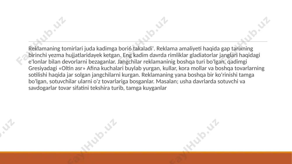 varlar va xizmatlar isteʼmolchilarini xabardor qilish, maʼlumot berish vazifasi — reklama eʼlonlarida tovar va xizmatlarning sifati, ishonchliligi, ularni qoʻllash sohalari, ishlab chiqaruvchilari va sotib olish yoʻllari haqida maʼlumot beriladi; 2) ishontiruvchi reklama — mavjud tovarga isteʼmolchi va haridorlarlarning moyilligini oshirishga xizmat qiladi; 3)eslatuvchi reklama — mavjud, ammo bir qadar unutilgan talabni, haridorlarning oʻzlari uchun maʼlum boʻlgan tovarlarga munosabatni kengaytirishda muhim oʻrinda turadi. bunday reklama davriy yangilanib turadigan va mavsumiy tovarlar uchun qoʻllanadi. har bir firma oʻz reklamasining faoliyatini reklama agentlarini yollash yoki reklama xizmatini tuzish yoki maxsus reklama agentliklari xizmatlaridan foydalanish asosida amalga oshiradi. reklamaning samaradorligi koʻp jihatdan talabni oʻrganishni tashkil qilishga bogʻliq boʻlib, haridorlar doirasini aniqlash va ularga taʼsir oʻtkazish usullariga yordam beradi. hozirgi davrda reklama matbuot, radio, televideniye orqali olib boriladi, maxsus reklama filmlari namoyish etiladi. reklama qilish maqsadida plakat, buklet, tovar kataloglari kurkam qilib chiqariladi va tarqatiladi. bozor iqtisodiyoti sharoitida reklama xizmatlarining ahamiyati kuchayib, muomala harajatida reklama …