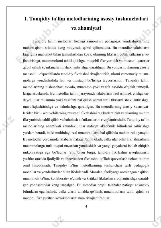 i moslashtirish, texnologiyalardan foydalanishni kengaytirish va o'qituvchilar o'rtasida tajriba almashishni rivojlantirish orqali tanqidiy fikrlashni rivojlantirishga qaratilgan tashabbuslar muvaffaqiyatli amalga oshirilishi mumkin. xulosa qilib aytganda, tanqidiy ta'lim metodlarining tushunchasi va ahamiyati ta'lim sifatini oshirishda muhim rol o'ynaydi. bu metodlarni keng qo'llash uchun pedagoglarning tayyorgarligini kuchaytirish, to'siqlarni bartaraf etish va innovatsion yondashuvlarni keng joriy etish muhimdir. bu esa, o'z navbatida, zamonaviy ta'lim muhitining rivojlanishiga, yoshlar fikrlash qobiliyatining kengayishiga va ularning muammolarni hal qilishdagi innovatsion yondashuvlariga yordam beradi. tanqidiy fikrlashni rivojlantirish, shuningdek, mamlakatimiz ta'lim tizimining xalqaro miqyosda raqobatbardoshligini oshirishga xizmat qiladi. tanqidiy ta’lim metodlarining asosida bir necha muhim tushunchalar yotadi. ulardan biri bu refleksiya — o‘z fikrlarini, qarashlarini va qarorlarini tahlil qilish qobiliyatidir. talaba yoki o‘quvchi nafaqat darsdagi mavzuni yodlab olishi, balki o‘sha mavzuning hayotiy ahamiyatini tushunishi, unga bo‘lgan shaxsiy munosabatini shakllantirishi kerak. bu esa tanqidiy fikrlashni, o‘z nuqtai nazarini asoslashni va boshqalarning fikrini baholay olishni talab etadi. ikkinchi muhim tushuncha bu dialogik …