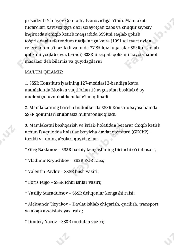 ladi. gkchp mamlakat nazoratini qo‘lga olishni poytaxt moskvadan boshlaydi. mudofaa vaziri yazov boshchiligidagi 4 ming piyoda askar 19 avgust tongidan moskva ko‘chalarini egallashga kirishadi. askarlardan tashqari 279ta jangovar mashina, 148ta zirhli transport, 362ta tank shahar ko‘chalarida harakatlanishni boshlaydi. yelsinning yulduzli onlari yelsin va tarafdorlarining 19 avgust kuni tank ustidagi chiqishini butun dunyo kuzatdi rossiya federatsiyasining birinchi prezidenti boris yelsin bo‘lib turgan arxangelskdagi dala hovli kgb raisi kryuchkovga bo‘ysunuvchi «alfa» maxsus guruhi tomonidan egallab olinadi. gkchpning rejalaridan oldindan xabardor bo‘lgani bois tashkilot o‘z harakatlariga rossiyada katta obro‘ga ega bo‘lib ulgurgan yelsin xalaqit berishidan qo‘rqadi. ammo «alfa» qo‘mondoniga yelsinning binodan chiqishiga qarshilik ko‘rsatmaslik buyrug‘i beriladi. oqibatda shahar ko‘chalariga chiqqan yelsin isyonchilarning tanklaridan biriga chiqib odamlarga murojaat qiladi. nutqi davomida yelsin gkchpning harakatlarini konstitutsiyaga zid deb ataydi va sodir bo‘layotgan voqealar davlat to‘ntarishidan boshqa narsa emasligini ma'lum qiladi. u vaqtda siyosiy karerasining eng yuqori cho‘qqisiga yaqinlashgan yelsinning qat'iy chiqishlari sabab isyonchilar orasida ham …