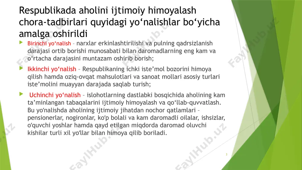 mahalla» dasturi to‘g‘risida»gi pf- 5467-sonli farmonida «obod qishloq» va «obod mahalla » davlat dasturini amalga oshirish va unda tadbirkorlar ishtirokiga oid bo‘sh turgan etilayotganr maydonlarini yoki foydalanilmasdan turgan bino va inshootlarni tadbirkor va hunarmandlarga «nol» qiymatda berish 14 2018-yilda xususan, «obod qishloq» va «obod mahalla» dasturlari borasidagi qurilish va obodonlashtirish ishlariga 3 trillion so‘m mablag‘ yo‘naltirildi. natijada 416 ta qishloq yangicha qiyofaga ega 2019-yilda «obod qishloq» va «obod mahalla» dasturlari ijrosi uchun 4 trillion so‘mdan ziyod mablag‘ ajratildi. 15 «obod qishloq dasturi» dastlab jizzax viloyatining do‘stlik tumanidagi uy-joylar va infratuzilma ob’ektlari xarob ahvolga kelib qolgan jizzax viloyati, do‘stlik tumanidagi «manas» qishlog‘idan boshlandi. bu qishloqda olib borilgan keng ko‘lamli obodonlashtirish ishlari natijasida atigi 1,5 oyda qishloq qiyofasi zamonaviy ko‘rinish kasb etib, aholining turmush darajasi, kayfiyati va dunyokarashi o‘zgardi, odamlarda etilayotganrtangi kunga mustahkam ishonch paydo bo‘ldi. «obod qishloq dasturi» doirasida 2018-yilning 1-«aprelidan boshlab mamlakatimizning har bir tumani va shahrida, avvalambor olis va …