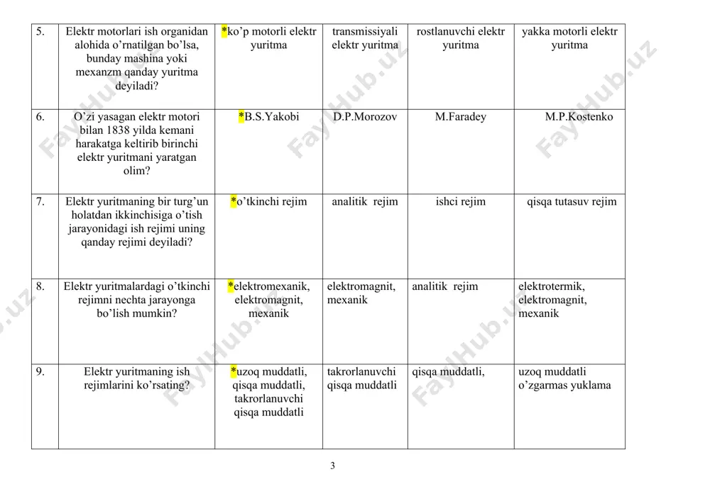 arflanmaydi 19. stator chulg’amlari uchburchak sxemada ulangan asinxron motorning chulg’amlarini yulduz sxemaga ulansa uning quvvat koeffisienti qanday o’zgaradi? *ortadi kamayadi o’zgarmaydi avval kamayib keyin ortadi 20. stator chulg’amlari uchburchak sxemada ulangan asinxron motorning chulg’amlarini yulduz sxemaga ulansa uning toki qanday o’zgaradi? *kamayadi ortadi o’zgarmaydi avval ortib keyin kamayadi 21. motorli vaqt relesida harakatlantiruvchi element sifatida kichik quvvatli qanday motorlardan foydalaniladi? *reaktiv sinxron asinxron o’zgarmas tok mashinasi foydalanilmaydi 22. qanday elektr mashina asinxron mashina deyiladi? *rotor aylanish tezligi yuklamaga bog’liq bo’lgan o’zgaruvchan tok mashinasi rotorning aylanish tezligi yuklanishga bog’liq bo’lmagan o’zgaruvchan tok mashinasi bo’lgan holda bo’lgan holda 23. tok turiga ko’ra o’zgaruvchan tok mashinalari necha turga bo’linadi? *asinxron mashinalar, sinxron mashinalar o’zgarmas tok mashinalari, ketma-ket qo’zg’atishli o’tm sinxron mashinalar, parallel qo’zg’atishli o’tm asinxron mashinalar, o’zgarmas tok mashinalari 24. ushbu ifoda ketma-ket qo’zg’atishli o’tmning qanday xarakteristikasi? *ishchi xarakteristika tashqi xarakteristika rostlash xarakteristika mexanik xarakteristika 25. aylanuvchi magnit maydoni va rotor tezliklari farqining …