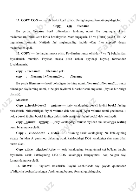 hiradi. 15. rename — faylning nomini o'zgartirish. bu buyruqda bi-rinchi faylning nomi ikkinchi faylga o'zgaradi. uning buyruq format! ren filename 1 filename! bunda filename 1 mavjud fayl, filename! esa yangi fayl nomi. masalan: ren total common — joriy katalogdagi total nomli fayl nomini shu katalogga common nom bilan almashtiradi. ren c:\lexicon\norm.txt read.txt — c diskning lexicon katalogidagi norm.txt faylini shu katalogga read.txt nomli faylga o'zgartiradi. 16. del — faylni yo'qotish. faylni yo'qotish uchun del buy-rug'idan foydalanamiz. faylni yo'qotishda (* va ?) belgilaridan foydalanish mumkin. uning buyruq formati quyidagicha: del filename masalan: del temp — joriy katalogdagi temp faylini yo'qotadi. del c:\windows\system\*.bak — c diskning windows katalo-gining system qism katalogidagi kengaytmasi bak bo'lgan barcha fayllarni yo'qotadi. del *.* — joriy katalogdagi barcha fayllarni yo'qotadi. 17. type — fayldagi ma'lumotni ekranga chiqarish. uning buy​ruq formati quyidagicha: type filename masalan: type book.txt — joriy katalogdagi book.txt faylidagi ma'lu-motlarni ekranga chiqaradi. type \temp\farm.doc — …