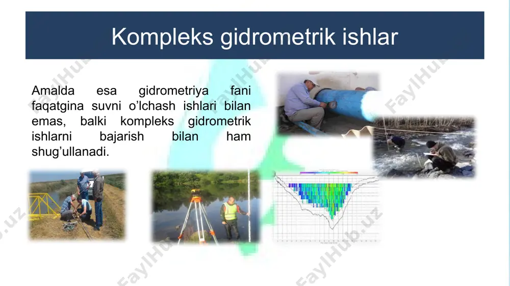 ki va ba’zan undan ham ko‘p yillarda) o‘lchov va kuzatuv ishlari olib boriladi. bu esa, o‘z navbatida, kerakli gidrologik ma’lumotlarni to‘plashga imkon beradi. izlanishlar natijasida 17 izlanishlar natijasida to‘plangan barcha ma’lumotlar ekspeditsiya hisobotida umumlashtiriladi va ulardan tegishli xulosalar chiqariladi. bu xulosalar asosida o‘rganilayotgan daryo yoki uning irmoqlari suv resruslaridan xalq xo‘jaligida foydalanish bo‘yicha amaliy tavsiyalar beriladi. respublikamizda har yili 18 respublikamizda har yili o‘zgidromet, qishloq va suv xo‘jaligi vazirligi, fanlar akademiyasi va boshqa suv resurslari tadqiqotlari bilan bog‘liq bo‘lgan muassasalarda bir qancha maxsus ekspeditsiyalar tashkil etiladi. ularning har biri o‘zining ma’lum maqsad va vazifalariga ega bo‘ladi. tajriba­laboratoriya usuli 19 tajriba-laboratoriya usuli suvning tabiiy va kimyoviy xossalarini aniqlash, gidrodinamik hodisalarni va boshqa jarayonlarni modellashtirish sharoitida o‘rganish imkonini beradi. tajriba­laboratoriya usuli (davomi) tajribalar loyihalash va boshqa turdagi ilmiy tadqiqot institutlarida maxsus uskunalar va qurilmalar bilan jihozlangan laboratoriyalarda amalga oshiriladi. tajriba­laboratoriya usuli (davomi) bu usul: gidroelektro stansiyalar, to‘g‘onlar, suv omborlari, kanallar va boshqa …
