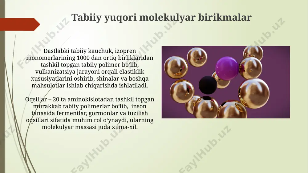 molekulyar birikma hisoblanadi. sintetik yuqori molekulyar birikmalar sintetik kauchuklar, masalan, butadien kauchuklari, avtomobil shinalari va boshqa elastik mahsulotlar ishlab chiqarishda muhim ahamiyatga ega bo'lib, yillik iste'moli million tonnalar bilan o'lchanadi. polivinilxlorid (pvx) kabi sintetik polimerlarning o'rtacha molekulyar massasi 10⁵ dan 10⁶ gacha bo'lib, ularning xossalari molekulyar massaga va strukturasiga bog'liq. polivinilxlorid va uning qo'llanilishi polivinilxlorid (pvx) ning zichligi taxminan 1,38 g/sm³ bo'lib, bu uning turli xil mahsulotlarda, jumladan quvur va profil ishlab chiqarishda ishlatilishiga imkon beradi. pvx ning issiqlikka chidamliligi nisbatan yuqori (80-90°c), shuning uchun u yuqori harorat ta'siriga chidamli bo'lishi talab qilinadigan buyumlarni ishlab chiqarishda qo'llaniladi. masalan, elektr izolyatsiyasi. yuqori molekulyar birikmalarning ta'rifi yuqori molekulyar birikmalar (ymb) 10⁴ dan ortiq nisbiy molekulyar massaga ega bo'lgan, ko'p sonli takrorlanuvchi monomer birliklaridan tashkil topgan uzun zanjirli polimerlardir. tabiiy ymblar, masalan, sellyuloza va oqsillar, tirik organizmlarda hosil bo'ladi, sintetik ymblar esa kimyoviy sintez yo'li bilan olinadi. sintetik polimerlarning 1000 dan ortiq turlari …