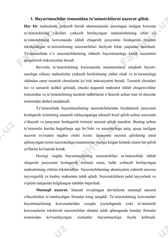talablar bajariladi. mustaqil nazorat. sanoati rivojlangan davlatlarda mustaqil nazorat o'tkazilishini ta’minlaydigan firmalar keng tarqaldi. ta’minotchining korxonalari buyurtmachining korxonalaridan uzoqda joylashganda yoki ta’minotchi korxonalarini tekshirish nazoratchilar shtatini talab qilmaganda bunday firmalar tomonidan ko'rsatilayotgan xizmatlar buyurtmachiga foyda keltiradi. ta’minotchining mustaqil nazoratchisi muayyan tarmoqlarda qabul qilingan talablarga javob bermaydigan, yetarlicha aniq bo'lmagan yoki noaniq qoidalarning mavjudligini hisobga olib, hujjatlar va tartiblarning norasmiy tekshiruvini olib boradi. agar buyurtmachi nazoratchilarning xizmatlaridan foydalansa, bu hoi nazorat funksiyalarining ta’minotchi qo'lidan ketishini anglatmaydi. mahsulotning hamma nuqsonlari yoki jarayonni boshqarish tizimidagi barcha kamchiliklarni aniqlash ta’minotchi boshqaruv tizimining funksiyasi hisoblanadi. agar nazoratchi nuqsonlarning mavjudligini doimiy ravishda aniqlasa, buyurtmachi qoniqarli sifatga ega mahsulot bilan doimiy ta’minlanishi uchun nazoratchi ta’minotchining korxonasida muntazam ishlashi kerak. buyurtmachining ta’minotchini tekshirishi ta’minotchi korxonasining tizimli taftishini va uning texnik imkoniyatlarini o'z ichiga oladi. odatda, tekshirish guruhining har bir vakili ta’minotchining har bir ishlab chiqarish operatsiyasini baholash imkonini beruvchi nazorat ro'yxatiga ega bo'lishi kerak. zamonaviy nazorat ro'yxatlarining katta …