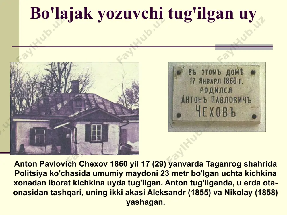 ha paytda rossiyada vabo epidemiyasi bor edi. u serpuxov tumanida ham kutilgan edi. yaxshiyamki, uning saytida vabo sodir bo'lmadi, chunki u keng qamrovli profilaktika choralari bilan shug'ullangan. bularning barchasiga qaramay, melixovoda hikoyalar yozilgan: "6-bo'lim", "qora rohib", "mezaninali uy", "yigitlar", "ionych", "chaqay" spektakli va boshqalar. chexov - shifokor a.p. chexov kasal bolaning to'shagida a.p.chexov o‘z bemorlarini uyiga tez-tez borib turardi. har qanday ob-havoda u muhtojlarni boy va kambag'alga ajratmasdan doimo yordam berishga shoshilardi. biroq, u hech qachon ish uchun pul olmadi. u tuman shifokorlari oladigan maoshdan ham bosh tortdi. shuning uchun melixovolik ayollar ehtirom bildirishga qo‘llaridan kelgancha harakat qilishdi, dehqonlar esa hurmat bilan ta’zim qilishdi. melikhovo maktabi bu davr chexov tomonidan talej, novoselki va melixovoda dehqon bolalari uchun uchta qishloq maktabining qurilishi bilan bog'liq. u pul yig'ardi - zemstvodan, xususiy xayriyachilardan, pudratchilarni qidirar, hisob-kitoblarni tekshirar, ishlarning borishini kuzatardi. bularning barchasi ham ko'p vaqt va kuch talab qildi. ijtimoiy faoliyati uchun chexov …