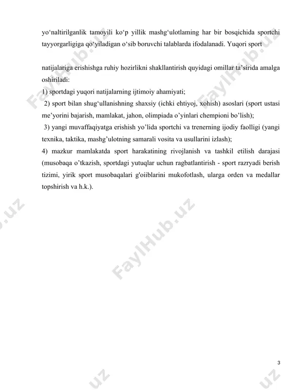 falar hal etiladi: 1) tanlangan sport turining texnika va taktikasi chuqur o‘zlashtiriladi; 2) jismoniy qobiliyatlar rivojining zarur darajasi ta’minlanadi; 3) sportchilar organizmining funksional imkoniyatlari kuchayadi va sog’ligi mustahkamlanadi; 4) mashg’ulot va musobaqalar vaqtida sportchi harakatlarining yuqori darajada jamlanishi va safarbar etilishini ta’minlovchi ruhiy, axloqiy-irodaviy sifatlar maqsadli ravishda tarbiyalab boriladi; 5) sportchi tayyorgarligining erishilgan darajasini yuzaga chiqarish qobiliyatini majmuali tarzda takomillashtirish va uni musobaqa faoliyatida namoyish etish amalga oshiriladi; 6) mashq va musobaqa faoliyatini muvaffaqiyatli olib borish uchun zarur nazariy bilimlar hamda amaliy tajriba egallanadi. mashg‘ulotning sanab o‘tilgan vazifaiari muvoziy (parallel) ravishda bajariladi. biron mashg‘ulotning asosiy vazifaiari tayyorgarlikning davr va bosqichlari, sportchilaming mashqlanganlik darajasi, alohida xususiyatlari, mahorati, sport turi xususiyatlari va qator boshqa omillarga qarab batafsil tekshiriladi. mashg‘ulot vazifalarining har biri izchil tarzda, ya’ni sportchilarga qo‘yiladigan va tobora ortib boradigan talablar sharoitida hal etiladi. mazkur vazifalarni hal etish natijasida sportchi tayyorgarligining muvofiq darajasi ta’minlanadiki, bu uning yuqori sport natijalariga tayyorligini ko‘rsatadi. …