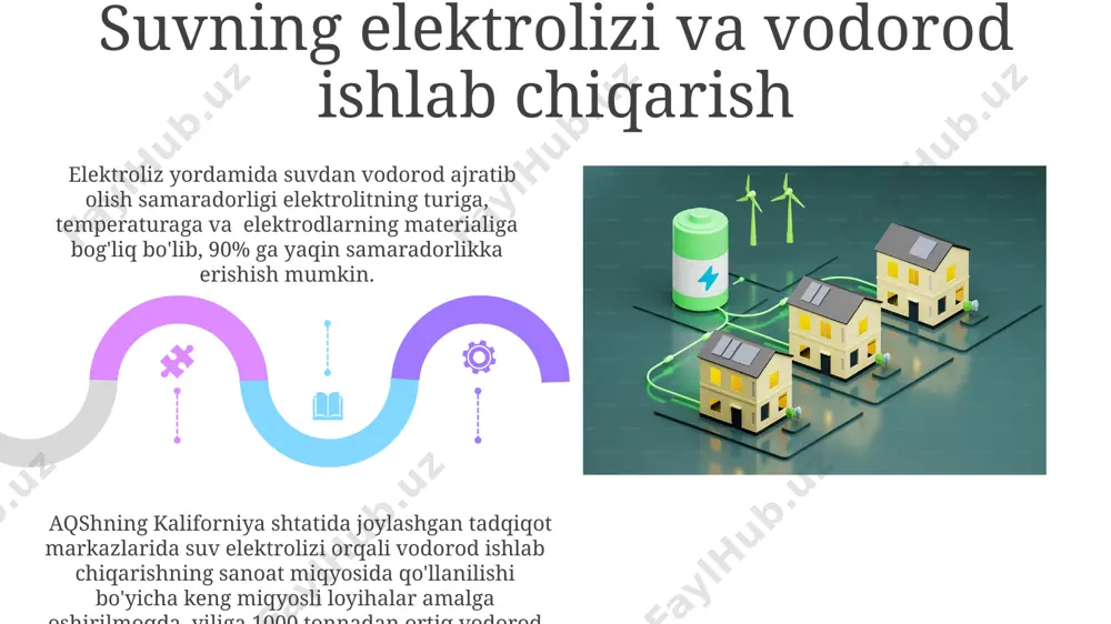 iqarishda qo'llaniladi. rossiyaning novosibirsk shahridagi ilmiy-tadqiqot instituti elektroliz orqali suvdan vodorod ajratib olish texnologiyasini rivojlantirmoqda, bu esa kelajakda vodorodli akkumulyatorlarning ommaviy ishlab chiqarilishini ta'minlashi mumkin. elektroliz uchun zarur jihozlar ток кучини ўлчаш учун амперметр ва кучланишни ўлчаш учун вольтметр каби ўлчов асбоблари, шунингдек, экспериментни хавфсиз ўтказиш учун тошкент шаҳридаги махсус дўконлардан сотиб олинган ҳимоя воситалари ҳам муҳим. электролиз учун идиш (масалан, 250 мл ҳажмли стакан), уни уланиш учун симлар (мис симлар, 1,5 мм2 кесими) ва электролитларни ўлчаш учун 10 мл ҳажмли цилиндрлар кабилар ҳам талаб этилади. e'tiboringiz uchun rahmat @taqdimot_robot image4.jpg image5.jpg image6.jpg image7.jpg image8.jpg image9.jpg image10.jpg image11.jpg image12.jpg image13.jpg image14.jpg image15.jpg image16.jpg image17.jpg image18.jpg image19.jpg image20.jpg image1.jpeg image2.jpeg image3.jpeg