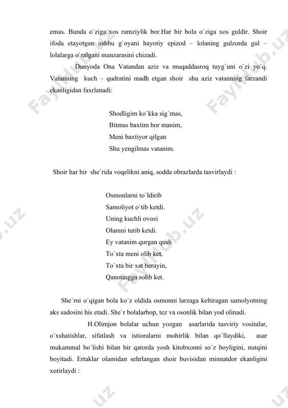 etib tashlaydi, xonga nisbatan kitobxonlarning nafratini oshiradi. jambilning zolim xoni darxonni o`ldirgach, oygulga :”menga xotin bo`lursan “ deganda oygul : taqdirim yor bo`lsa-yu fursat qulay kelsa-yu, seni agar o`ldirsam, tanangga xanjar ursam, dunyoda eng baxtiyor, odam bo`lardim, nomdor. deb g`azab bilan zolim shohga javob beradi. ”jangchi tursun” balladasida vatanparvarlikni ulug`lanishi. 1942 yilda h.olimjon “jangchi tursun” balladasini yaratdi. vatanning xar bir tuprog`i muqaddas. uni asrash, himoya qilish, kerak bo`lsa fido qilish g`oyasi balladada o`z ifodasini topgan. shoir balladani yozishdan bir oy oldin “onaning nomusi” ocherkini yozib, harbiy xizmatdan qochgan ortiqning onasi iqlimaxonning “qochib tirik qolgandan o`lganing yaxshi ” degan o`zbek ayolining vatanparvarligi hikoya qilingan edi. bu voqea balladaning yaratilishi uchun turtki bo`ldi. “jangchi tursun” balladasi shoirning mahorat bilan yaratilgan asaridir. balladada lirik qahramon shoirning o`zi, hikoyachi sifatida gavdalanadi. shuningdek, tursun va ona obrazi mavjud. voqea front va mamlakat ichkarisida sodir bo`ladi. tursun oddiy jangchi. biroq u vatan oldidagi burchini unutadi, o`z …