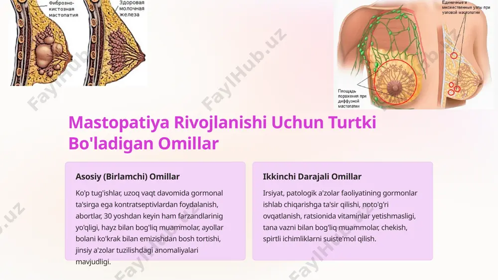 uchun foydali. 7 fibroz-kistoz mastopatiyani oldini olish bolani emizish bolani emizish mastopatiya rivojlanishi xavfini kamaytiradigan asosiy omillardan biri. ko'krak bezlarini tekshirish doimiy ravishda ko'krak bezlarini tekshirib turish mastopatiyani erta aniqlash va davolash imkonini beradi. sog'lom turmush tarzi abort qilmaslik, sut bezlarining travmatik jarohatlaridan qochish va stress holatini boshqarish ham mastopatiya rivojlanish xavfini kamaytiradi. 8 mastopatiyaning oqibatlari asosiy xavf ko'krak bezi saratoni rivojlanish ehtimoli besh baravar ko'proq bo'lishi. boshqa xavflar gormonal muvozanating buzilishi bachadon bo'yni va tuxumdonlar saratoni rivojlanishiga turki bo'ladi. erta tashxis ahamiyati muntazam shifokor ko'rigi va mustaqil tekshiruvlar mastopatiyani erta davrlarda aniqlash imkonini beradi, bu esa murakkab davolanishni talab qilmaydi va deyarli 100% ijobiy yakunlanadi. 9 xulosa muntazam tekshiruvlar deyarli har bir ayollar maslahati xonasida ko'krak bezini mustaqil tekshirish bo'yicha stendlarni uchratsa bo'ladi va shifokorlar bot-bot muntazam tekshiruvdan o'tib turish muhimligini ta'kidlashadi. erta tashxis — kalit mastopatiyaning o'ta murakkab patologiyalarga o'tib ketishidan qutulishning kalitidir. muntazam tekshiruvlar va erta tashxis …