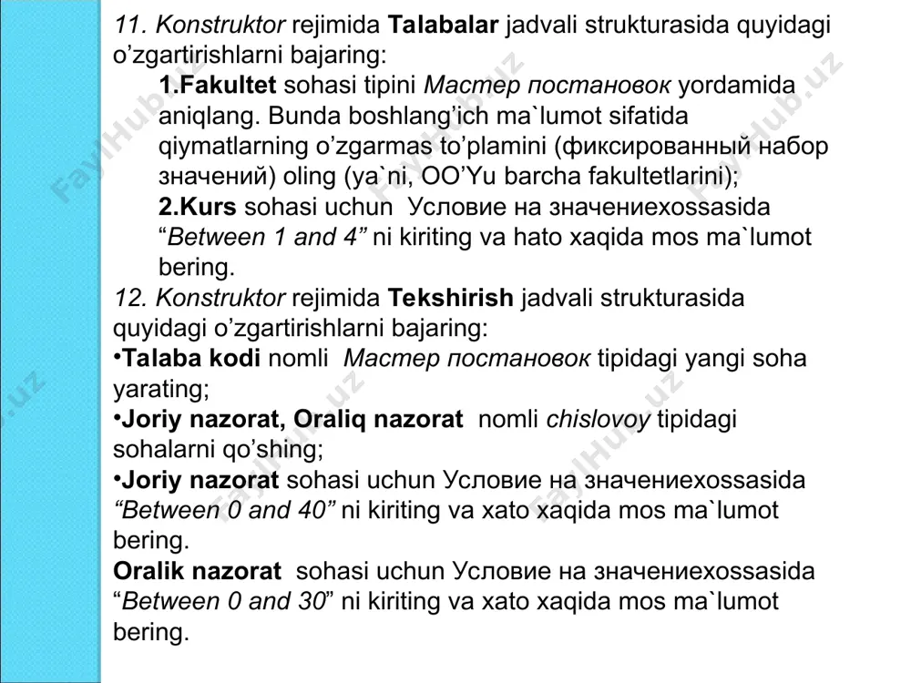 ngan bo'lib, ularning har biri alohida maqsadga ega.chop etilganda, bo'limlar sahifalarda ma'lum bir tartibda joylashtiriladi. * разделы отчета hisobot sarlavhasi yuqori sarlavhasi guruh sarlavhasi ma’lumot maydoni guruh eslatmasi quyi sarlavhasi hisobot eslatmasi - 1 marta hisobot boshida - har bir sahifada - har bir sahifada - 1 marta hisobot oxirida * hisobot sarlavhasi yuqori sarlavha guruh sarlavhasi ma’lumotlar maydoni guruh eslatmasi quyi sarlavha * ms access da hisobotlarni yaratish usullari. jadval yoki so'rov asosida avtomatik hisobotdan foydalanish. avtoreport asosiy jadval yoki so'rovning barcha maydonlari va yozuvlarini aks ettiruvchi hisobot yaratish uchun ishlatiladi. 2. bir yoki bir nechta jadval yoki so'rovlarga asoslangan masterdan foydalanish. 3. konstruktor rejimida qo`lda * avtomatik hisobot tugmasi master hisobot tugmasi konstruktor rejim tugmasi hisobot ustasi savollarni ko'rsatadi va foydalanuvchining javoblari asosida hisobot yaratadi. shundan so'ng, foydalanuvchi konstruktor rejimida hisobotni o'zgartirishi mumkin. master yordamida hisobot yaratish * ms access da hisobot yaratish hisobot ustasi ishga tushuring; hisobotga …