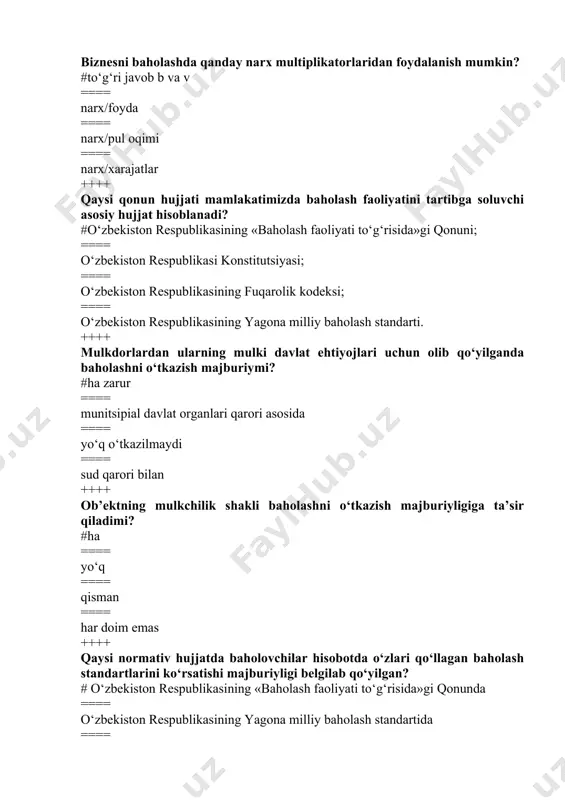 nida ==== o‘zbekiston respublikasi vazirlar mahkamasining 2003 yil 18 apreldagi №188-son qarorida ==== o‘zbekiston respublikasi vazirlar mahkamasining 21.07.2006 yil .№145 qarori bilan tasdiqlangan “davlat mulki ob’ektlarini davlat tasarrufidan chikarish va xususiylashtirish tartibi to‘g‘risida”gi nizomda ++++ qaysi normativ hujjatda baholovchining huquq va majburiyatlari belgilangan? #o‘zbekiston respublikasining «baholash faoliyati to‘g‘risida»gi qonunida ==== o‘zbekiston respublikasining yagona milliy baholash standartida ==== o‘zbekiston respublikasining «mehnatni muhofaza qilish to‘g‘risida»gi qonunida ==== o‘zbekiston respublikasining jinoyat kodeksida. ++++ baholovchi-mutaxassis tomonidan aniqlangan qiymat qanday tusga ega? #tavsiya kilinuvchi ==== yakuniy ==== o‘rtacha hisoblangan ==== to‘g‘ri javob (b) va (v) ++++ baholash sanasi nima? #qiymat qaysi kunga belgilangan bo‘lsa o‘sha sana ==== baholash hakida hisobotning bajarilish sanasi ==== baholash xizmatlarini kursatish hakida shartnoma tuzilgan sana ==== baholash ob’ektini oxirgi ko‘rikdan o‘tkazilgan sanasi ++++ “mustaqil baholash” nimani anglatadi? #mol-mulk qiymatining xolis tomonidan baholanishi ==== mol-mulk qiymatining bozordagi joriy ahvolga bog‘liq bo‘lmagan holda baholanishi ==== mol-mulk qiymatining uchta yondashuv asosida baholanishi ==== …