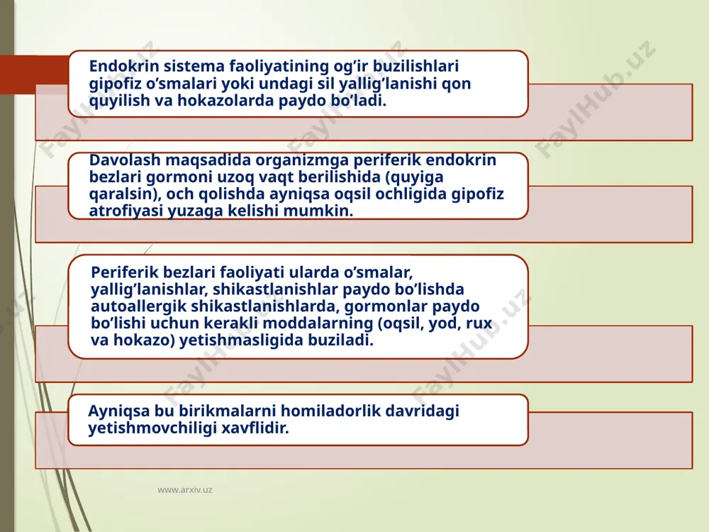 diabet belgilari rivojlanadi. yuqumli kasalliklarga nisbatan bardoshlilik kamayadi. www.arxiv.uz qalqonsimon bez kasalliklari www.arxiv.uz qalqonsimon bez funksiyasini uning follikulasi belgilaydi. follikula hujayrasi ikki xil tireoid gormon-tiroksin va triyodtironin hosil qiladi. qalqonsimon bez gormonlari follikula bo’shlig’iga chiqib u erda oqsil bilan birikkan holda tireoglobulin shaklda saqlanadi. adenogipo-fizning ttg gormoni qalqonsimon bez gormonini follikula kolloiddidan qonga ajratadi. yodsiz tireoid gormoni sintez bo’lmaydi va qalqonsi-mon bez qonda yodni so’rib oladi. qalqonsimon bezda yana bir gormon, paratgarmon antagonisti bo’lgan kalsitonin ishlab chiqarib, u qondagi kalsiy miqdorini kamaytiradi. qalqonsimon bez gormoni amalda organizmdagi hamma jarayonlarda qatnashadi. u jismoniy, ruhiy va jinsiy rivojlanishni belgilaydi, to’qimalar o’sishini takomillashishini suyaklanishni rag’batlantiradi. tireoid gormonining barcha xususiyatlari ichida uning to’qima-larda oksidlanishni, issiqlik ajratishni ko’paytirishni, oqsil, yog’, uglevod parchalanishini kuchaytirishni rag’batlanti-ruvchi ta'sirini ko’rsatib o’tish kerak. qalqonsimon bez giperfunksiyasi bilan kechuvchi kasalliklar bu kasalliklar qalqonsimon bezning faoliyati buzilishida yoki gipofiz, gipotalamus funksiyalarining buzilishlarida paydo bo’ladi. qalqonsimon bez giperfunksiyasi bazedov kasalligida, tireoid to’qimaning gormon …