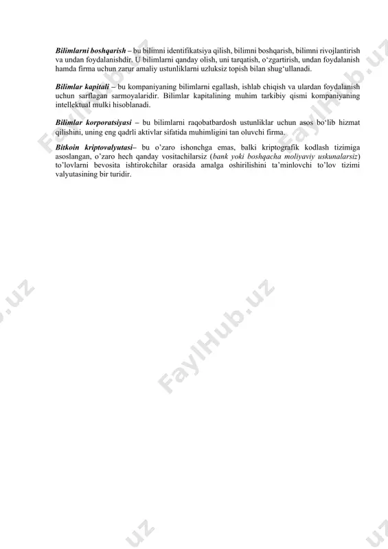 vchi fandir. axborotlashgan iqtisodiyot atamasi ikki xil turli tushunchalarni ifodalash uchun ishlatiladi. birinchidan, axborotlashgan iqtisodiyot – burivojlanishning zamonaviy bosqichi hisoblanib, u ijodiy mehnat va axborot ne’matlarining ustuvor o‘rni bilan tavsiflanadi. ikkinchidan, axborotlashgan iqtisodiyot – bunazariya bo‘lib, uning o‘rganish obyekti birinchi ma’nodagi axborotlashgan iqtisodiyot hisoblanadi. bu holda axborotlashgan iqtisodiyot axborotlashgan jamiyatning iqtisodiyot nazariyasini yoki axborotlashgan iqtisodiyot nazariyasini tashkil qiladi. axborotlashtirish – yuridik va jismoniy shaxslarning axborotga bo‘lgan ehtiyojlarini qondirish uchun axborot resurslari, axborot texnologiyalari hamda axborot tizimlaridan foydalangan holda sharoit yaratishning tashkiliy ijtimoiy-iqtisodiy va ilmiy-texnikaviy jarayoni. axborotlashgan ma’lumotlar – abstrakt ramzlar tartibga solingan to‘plamdir bo‘lib, u harfli, sonli, vizual va tovushli bo‘ladi, insonning faoliyati yoki mashina ishi yordamida yaratiladi. ular axborot yaratilishida resurs bo‘lib hizmat qiladi. axborot resursi – axborot tizimi tarkibidagi elektron shakldagi axborot, ma’lumotlar banki, ma’lumotlar bazasidir. axborotlashgan resurslar – o‘z ichiga axborotlashgan mahsulotlar va axborotlashgan ma’lumotlarni, ya’ni inson oliy faoliyatining resurslarini oladi. firmaning axborotlashgan resurslariga tegishli bo‘ladi. axborotlashgan …