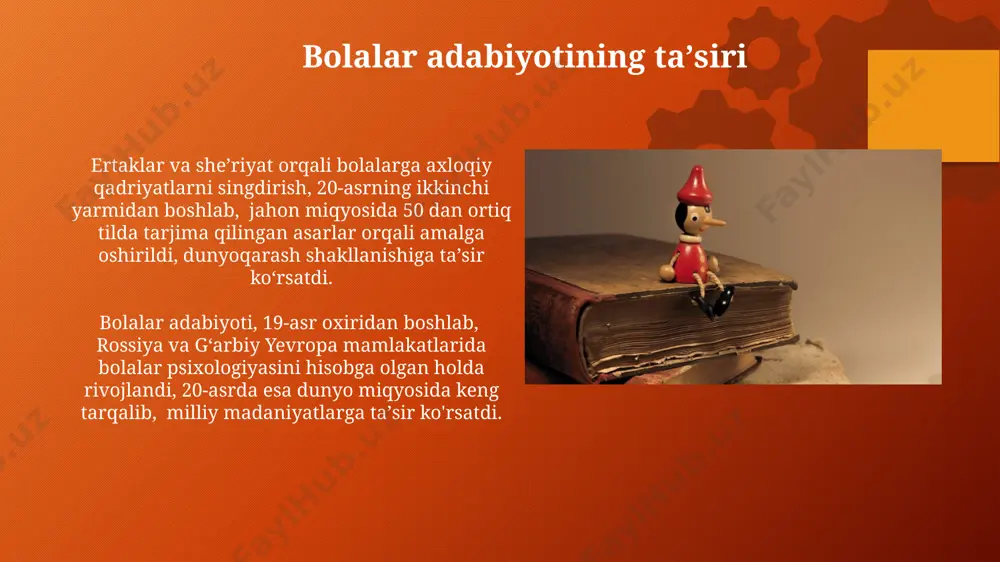 lar adabiyoti 1920-yillardan boshlab, proletar madaniyatining g'oyalarini targ'ib qiluvchi, 5 yoshdan 15 yoshgacha bo'lgan bolalar uchun ko'plab yangi asarlar yaratishga qaratilgan edi. xx asr boshlari: bolalar adabiyotida yangi oqimlar 1930-yillardagi sovet o'zbekistonida bolalar adabiyoti sotsialist realizm tamoyillariga amal qildi, yosh o'quvchilar uchun kollektivizm va vatanparvarlik g'oyalarini targ'ib qiluvchi 300 dan ortiq kitob nashr etildi. 20-asrning boshlarida, rossiya imperiyasi hududida, bolalar adabiyoti realizm va psixologizmga moyillikni namoyon etdi, 1905 yildagi inqilobdan keyin esa ijtimoiy mavzulardagi asarlar ko'paydi. e'tiboringiz uchun rahmat @taqdimot_robot image2.png image3.svg image5.png image8.jpg image9.jpg image10.jpg image11.jpg image12.jpg image13.jpg image14.jpg image15.jpg image16.jpg image17.jpg image18.jpg image19.jpg image20.jpg image21.jpg image1.png