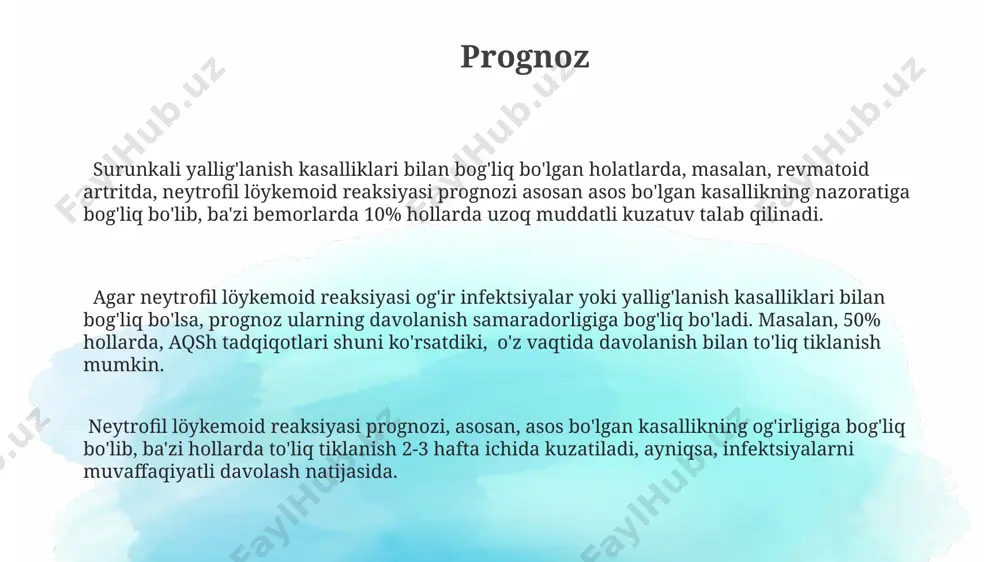 yatida 2022-yilda o'tkazilgan 150 nafar bemor tekshiruvida leykemoid reaksiya bilan og'rigan bemorlarda neytrofillarning soni sezilarli darajada oshgan. samarqand viloyatida 2023-yil davomida amalga oshirilgan tadqiqotlar 30 ta kuzatilgan holatning 20 tasida neytrofilik leykemoid reaksiyaning bakterial infeksiyalar bilan bog'liqligini aniqladi. asoratlar асоратларнинг олдини олиш учун 50 дан ортиқ беморда ўтказилган тадқиқотлар, профилактика чоралари, шу жумладан антибиотик терапиясининг муҳимлигини кўрсатди. асоратлар, хусусан, 20-45 ёшли беморларда кўпроқ кузатилади ва бундай ҳолатларнинг 70%идан ортиғи ўзбекистоннинг тошкент шаҳридаги шифохоналарда қайд этилган. асоратлар орасида юқумли касалликлар, хусусан, пневмония (тахминан 30% ҳолларда), 2-3 кунлик иситма ва камқонлик кабилар мавжуд бўлиб, булар беморнинг яшаш даражасига салбий таъсир кўрсатади. davolash davolash natijalari, bemorlarning 85% dan ortig'ida, kasallikning boshlanishidan 2-3 hafta ichida sezilarli yaxshilanishni ko'rsatadi, bu esa samarqanddagi tibbiyot muassasalarining tajribasi bilan tasdiqlanadi. leykemoid reaksiyaning sababini aniqlash va unga qarshi kurashish uchun, taxminan 70% hollarda, to'liq qon tahlili va suyak ko'migi biopsiyasi kabi 2 ta asosiy diagnostika usuli toshkentdagi klinikalarda qo'llaniladi. …