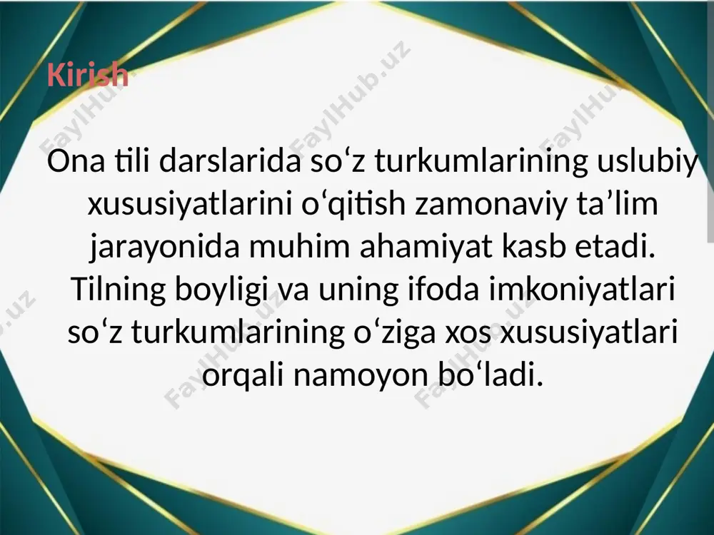 arini tahlil qiladi. 4-guruh: ravishlarning nutqdagi rolini tushuntiradi. 2.har bir guruh o‘z tahlilini doskada yoki slaydda taqdim qiladi. 3.3. amaliy mashq 1. "so‘z o‘rnini toping" o‘yini: o‘quvchilarga aralash so‘zlar beriladi va ularni mos uslubga joylashtirish so‘raladi. masalan: ilmiy matn: analiz, natija, tajriba, sintez. badiiy matn: go‘zal, ajoyib, ulkan, chiroyli. so‘zlashuv uslubi: mana, zo‘r, judayam, yaxshiku. 2. matn yaratish: o‘quvchilar tanlangan so‘z turkumlari asosida qisqa matn tuzadilar (masalan, ilmiy yoki badiiy uslubga mos ravishda). 4. yakuniy qism 1. xulosa chiqarish: o‘quvchilar bilan birgalikda asosiy tushunchalarni umumlashtirish: "har bir so‘z turkumi ma’lum uslubda o‘ziga xos vazifani bajaradi." "uslubni to‘g‘ri tanlash uchun so‘zning ma’nosini va vazifasini chuqur tushunish kerak." 3. uyga vazifa: har bir so‘z turkumiga oid uchta matn namunasi topish va ular ustida tahlil olib borish. tanlangan so‘z turkumlariga oid kichik yozma ishlanmalar tayyorlash (masalan, sifatlar asosida kichik hikoya yozish). bu dars ishlanma o‘quvchilarning nazariy bilimlarini amaliy mashqlar orqali mustahkamlashga qaratilgan bo‘lib, …