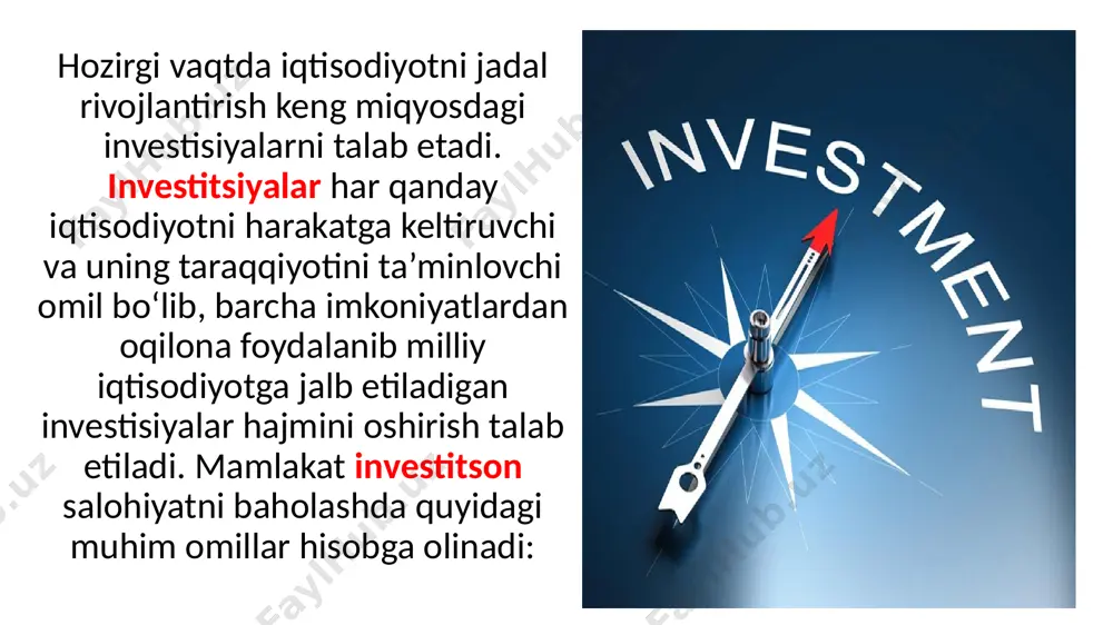 hqacha qilib aytganda – pul va pul bo‘lmagan jamg‘armalarni kapitalga (jihozlar, ko‘chmas mulk, moliya va boshqa ko‘rinishdagi aktivlarga) aylantirishdir. investitsion faoliyatning asosiy belgilari va tahlil qilishda asoslanadigan xususiyatlari quyidagilardan iborat: 1.investitsion faoliyatda pul aktivlari jihozlar, ko‘chmas mulk va boshqa ko‘rinishdagi aktivlarga aylanadi (masalan, likvidligi pasayadi). 2.investorlarning farovonligi va yanada foydani ko‘paytirishni ko‘zlash (masalan, raqobatdoshlikni oshadi). 3.uzoq muddatli xarajatlarni va kutilayotgan daromadlarning riski oshadi tijorat amaliyotida investitsiyalarning quyidagi uch shakli o‘zaro farqlanadi: fizik aktivlarga qilingan investitsiyalar; • pul aktivlariga qilingan investitsiyalar; • nomoddiy aktivlarga qilingan investitsiyalar bozor iqtisodiyoti sharoitida investitsiya tizimi v.v. tsaryevning fikricha, investitsiya muhiti ikki asosiy komponent alohida korxona mintaqa, mamlakat va investor faoliyati sharoitini o’z ichiga oladi. n.v. igoshining fikricha, , investitsiya muhitini aniqlashda uch asosiy yondashuvfan foydalaniladi bular tor, keng va xatarli. a.v. belitskoyning fikricha, investitsion faoliyat tushunchasi oʻzining asosiy belgilari bilan tadbirkorlik faoliyati tushunchasiga yaqin turadi. biroq, ayrim investitsion faoliyat turlari doimiy subyektlar tomonidan, qonunga muvofiq …