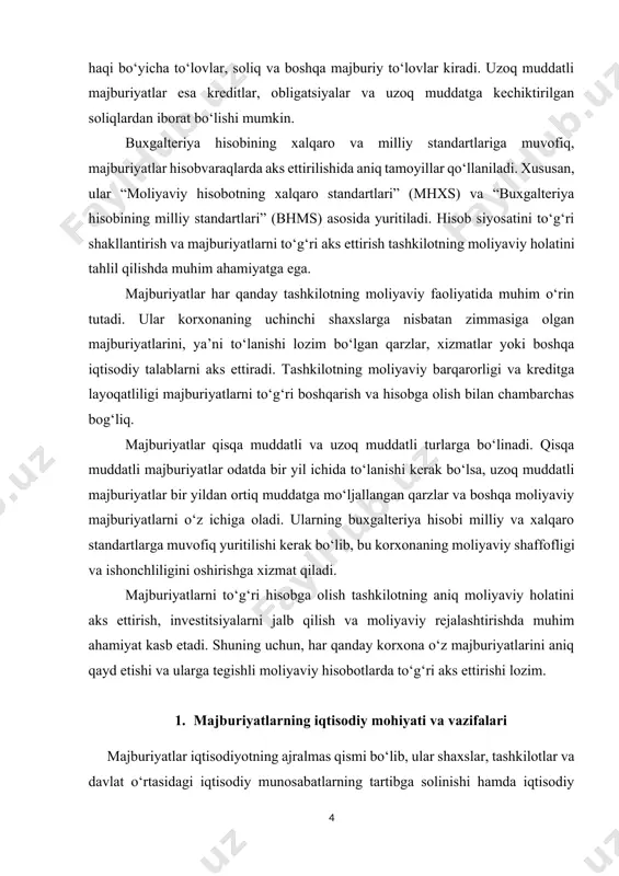 n harakatdan o‘zini saqlashga majbur boladi, kreditor esa - qarzdordan o‘zining majburiyatlarini bajarishni talab qilish huquqiga ega boladi»[footnoteref:2] [2: 0 ‘zbekiston respublikasining fuqarolik kodeksi 234-moddasi.] “majburiyat” tushunchasiga berilgan ko‘plab ta’riflarning tahlili shuni ko‘rsatadiki, aksariyat hollarda har bir ta’rif o‘z muallifining fikr va qarashlarini tasdiqlash maqsadida shakllantirilgan bo‘lib, ularda bu tushuncha bilan bog‘liq ko‘plab jihatlari bir tomonlama alohida asoslangan holda ko‘rsatilgan.xolbuki, ilmiy kategoriya va tushunchalar o'rganilayotgan sohaning muhim jihatlarini qamrab olishi, ixcham, sodda va qulay tuzilishga ega bo‘lishi fanning ham,amaliyotning ham samarasini yanada oshiradi. shartnoma asosida vujudga keladigan majburiyatlar tomonlarning kelishuvi bilan shakllanib, ma’lum bir majburiyat va huquqlarni belgilaydi. qonuniy majburiyatlar esa davlat tomonidan belgilangan tartib-qoidalarga asoslanadi va ularning bajarilishi majburiy hisoblanadi. zarar yetkazish natijasida kelib chiqadigan majburiyatlar esa bir tomonning boshqa tomonga moddiy yoki ma’naviy zarar yetkazishi oqibatida yuzaga keladi va kompensatsiya bilan bog‘liq bo‘ladi.iqtisodiyotda majburiyatlarning asosiy vazifalaridan biri bu iqtisodiy faoliyatning barqarorligini ta’minlashdir. majburiyatlar vositasida bozor subyektlari o‘rtasidagi o‘zaro …