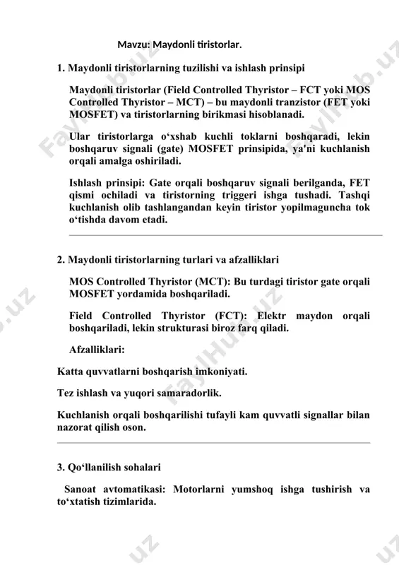 ali maskalar qo‘llanadi. metallizatsiya – elektr aloqalarini hosil qilish uchun metall qatlamlar yotqiziladi (odatda alyuminiy yoki mis). test va kesish – tayyor chiplar test qilinadi va alohida qismlarga ajratiladi. 3. integral mikrosxemalarni tayyorlashda qo‘llaniladigan zamonaviy texnologiyalar cmos (complementary metal-oxide-semiconductor) – energiyani kam iste’mol qiladigan texnologiya bo‘lib, ko‘p yadroli chiplar yaratishda keng qo‘llaniladi. nanotexnologiyalar – 7 nm va undan kichik texnologik jarayonlar yordamida juda zich chiplar ishlab chiqariladi. fotolitografiyada euv (extreme ultraviolet) – eng yangi texnika bo‘lib, yuqori aniqlikda elementlar yaratish imkonini beradi. soc (system on chip) – bitta chipda butun tizimni mujassamlashtirish, masalan, mobil telefon protsessori. ishlab chiqarishdagi asosiy muammolar va ularning yechimlari chang zarralari ta’siri – 1 mikron o‘lchamdagi zarralar ham xatolarga sabab bo‘lishi mumkin, shuning uchun toza xona texnologiyasi qo‘llaniladi. miniatyuralash muammolari – elementlar o‘lchami kichraygan sari issiqlik va kuchlanish boshqaruvi muhim bo‘ladi. energiya samaradorligi – past quvvatda ishlaydigan dizaynlar va mos keluvchi materiallar tanlanadi. mavzu: maydonli tranzistorda …