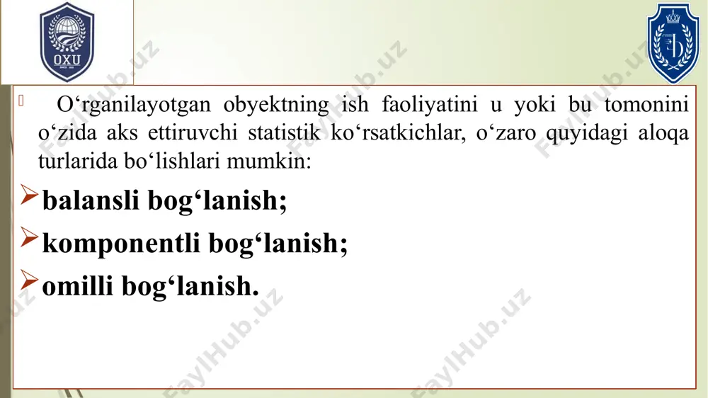 i doimiy emas. bunday holatlarda bog‘lanishlar quyidagi egri chiziqlarning tenglamalari bilan ifodalanadi: omillarning o‘zaro harakati nuqtai-nazaridan bog‘liqlikni quyidagi turlarga bo‘lish mumkin: juft belgilarning bog‘liqligi; ko‘p belgilarning o‘zaro bog‘liqligi. masalan, talabaning dars qilish soati bilan o‘zlashtirishi o‘rtasidagi bog‘liqlikni o‘rgansak, bu juft bog‘lanish deyiladi, agarda student o‘zlashtirishiga dars qilish soati, oilaviy ahvoli, darsliklar bilan ta’minlanganligi va boshqa omillarning ta’sirini o‘rgansak, bu ko‘p omilli bog‘lanish deyiladi. ko‘rsatkichlarning o‘zaro bog‘liqligi statistikaning bir qancha metodlarining birikmalari yordamida aniqlanishi va ifodalanishi mumkin. parallel qatorlarni solishtirish, balans metodi, statistik guruhlash va grafiklar, dispersion va korrelyatsion tahlil metodlari ko‘rsatkichlarni o‘zaro bog‘liqligini aniqlash va o‘rganishning asosiy usullari bo‘lib hisoblanadi. parallel qatorlarni solishtirish. xodisalar o‘rtasidagi o‘zaro bog‘liqlikni o‘rganish metodlari ichida eng soddasi parallel qatorlarni taqqoslash metodidir. parallel qatorlarni taqqoslash deganda omil qatorlarning hadlari qiymatiga natijaviy belgi hadlarining mos kelishi tushuniladi. omil belgi hadlarini o‘sib boruvchi (yoki aksincha) tartibda joylashtirib, natijaviy belgi hadlarining o‘zgarishi kuzatiladi. omil belgi qiymatini «x», natijaviy belgini …