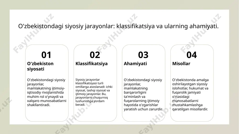 lar - fuqarolik jamiyati va davlat o'rtasidagi hamkorlik, shuningdek, ba'zi to'siqlar va muammolar, ijtimoiy barqarorlikni ta'minlashda muhim ahamiyatga ega. xulosa 1 siyosiy jarayonlarni tushunish - siyosiy jarayonlarning tasnifi va bosqichlari, ularni yaxshiroq tushunish imkonini beradi, bu esa siyosiy faoliyatni samarali boshqarish uchun muhimdir. 2 o'zbekistondagi o'zgarishlar - o'zbekistondagi siyosiy jarayonlar, ularning klassifikatsiyasi va bosqichlari, mamlakatimizda demokratik rivojlanishni ta'minlashda muhim rol o'ynaydi. 3 ijtimoiy ta'sir va ahamiyat - siyosiy jarayonlarning ijtimoiy ta'siri, fuqarolik jamiyatining rivojlanishiga hissa qo'shadi, bu esa jamiyatda barqarorlik va taraqqiyotni ta'minlaydi. e'tiboringiz uchun rahmat!