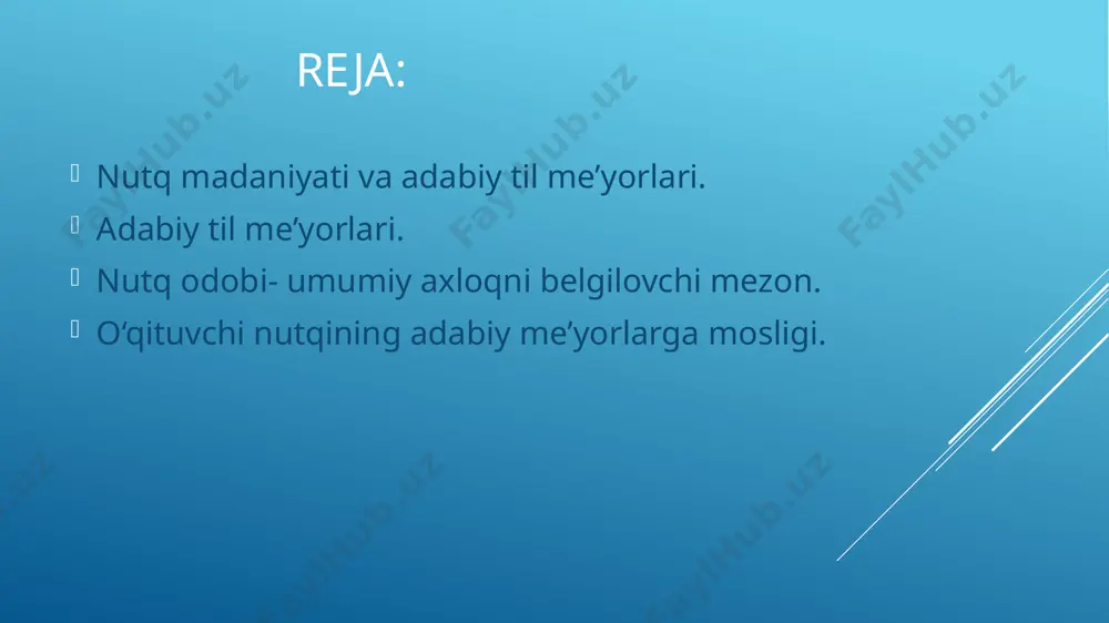 axtalik chopon. imloviy me’yorlar( orfografik). hozirgi o‘zbek adabiy me’yorlari 1956-yil « o‘zbek orfografiyasining asosiy qoidalari» ga tayanadi ( 72 paragrafdan iborat). grafik ( yozuv) me’yorlari. hozirgi yozuvimiz lotin alifbosiga asoslangan bo‘lib, 29 ta harf va 3 ta harf birikmasidan iborat. punktuatsion me’yorlar. bu me’yor 10 ta tinish belgisi asosida ish yuritiladi( nuqta, vergul, ikki nuqta, nuqtali vergul, tire, undov belgisi, so‘roq belgisi, ko‘p nuqta, qo‘shtirnoq, qavs). uslubiy me’yor. nutq sharoitiga qarab til birliklarining eng ma’qulini qo‘llash adabiy tilning uslubiy me’yori hisoblanadi. sinonimlardan noto‘g’ri foydalanish, so‘z takroran ayrim eskirgan so‘zlarni qo‘llash nutqni buzadi. nutq odobi - umumiy axloqni bezovchi mezon hisoblandi. o‘rta osiyoda axloqiy tarbiya o‘z an’analariga ega. axloq haqidagi ibratli fikrlar qadimgi turkiy yodnomalar buyuk allomalarning asarlari, yozma yodgorliklar orqali bizgacha yetib kelgan. o‘rta asrlarda axloq fan sifatida yuzaga keldi. farobiy, ibn sino, nasriddin tusiy, jaloliddin davoniy, sabzavoriy, g‘iyosiddin mansur kabi olimlarning asarlarida axloq fanining mavzusi vazifalari, maqsadi nazariy va …
