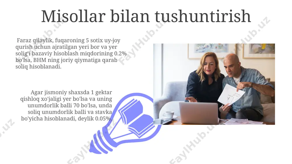 ales 1st qtr 2nd qtr 100 0 sales 1st qtr 2nd qtr 100 0 javobgarlik javobgarlik yuridik shaxslar yer solig'ini to'lash bo'yicha majburiyatlarini bajarmagan taqdirda, ularga nisbatan soliq kodeksining 114-moddasiga muvofiq, 40 dan 100 bhm gacha jarima qo'llanilishi mumkin. savol-javob "savol-javob" ko'pincha o'zbek tilida "savol va javob" degan ma'noni anglatadi. u odatda aniq mavzu bo'yicha tushuntirish yoki ma'lumot berish uchun ishlatiladigan 5-10 ta savol-javob formatini o'z ichiga oladi. "savol-javob" formati yer solig'ini hisoblashda paydo bo'ladigan umumiy savollarni hal qilishi mumkin. misol uchun, 2 ta savol yer maydonining o'lchamini va soliq stavkasini aniqlash haqida bo'lishi mumkin. e'tiboringiz uchun rahmat @taqdimot_robot image4.jpg image5.jpg image6.jpg image7.jpg image8.jpg image9.jpg image10.jpg image11.jpg image12.jpg image13.jpg image14.jpg image15.jpg image16.jpg image17.jpg image1.jpeg image2.jpeg image3.jpeg