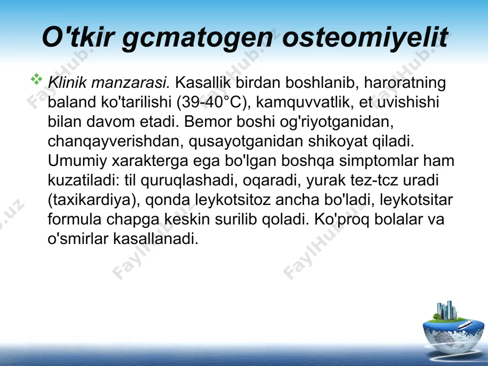 qma yaralar yo'lini aniqlash uchun fistulografiyadan foydalaniladi (noaniq holatlarda aniqlik kiritish uchun uning ahamiyati kattadir). kontrast raodda sifatida yodolipol yoki suvda eruvchan preparatlardan (triombrast, verografin, yodomin, urotrast) foydalaniladi. birlamchi xronik osteomiyelit birlamchi osteomiyelitning o'rtacha o'tkir yoki xronik yallig'lanish turi bo'yicha o'tadigan ko'pdan-ko'p turlari uchraydi. kasallikni qo'zg'atuvchilar mikroblarning kam virulentligi turlaridir. birlamchi xronik osteomiyelit brodc abssessi albuminoz osteomiyelit garrening sklerozlovchi osteomiyeliti- brodc abssessi («abscessus brodie») suyakning bulutsimon metafiz qavatida paydo bo'ladi va o'tkirga yaqin kechadigan gematogen osteomiyelitning cheklangan xillarini tashkil etadi. bu kasallikda bo'g'im yaqinida dumaloq bo'shliq yuzaga keladi, unda kam virulentli mikroblar bilan birga yiring bo'ladi. abssess sirtda, qalin kapsula ichida bo'ladi. bcmorlar nisbatan kamroq shikoyat qiladilar, odatda bu shikoyatlar ham qoi yoki oyoqda zirqirab turadigan og'riq paydo bo'lishi va u kechasi kuchayishi natijasida bo'ladi. rentgenogrammalarda suyakdagi dumaloq bo'shliq ko'zga tashlanadi. davosi bemorga jarrohlik yo'li bilan davo qilinadi. suyak trepanatsiya qilinadi, yiring chiqarib yuboriladi, bo'shliqqa plomba qo'yiladi. operatsiyadan keyingi davrda …