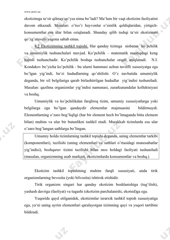 boshq.) ekotizim tashkil topishining muhim farqli xususiyati, unda tirik organizmlarning bevosita (yoki bilvosita) ishtirok etishidir. tirik organizm singari har qanday ekotizim boshlanishiga (tug’ilish), yashash davriga (faoliyat) va tugashi (ekotizim parchalanishi, ekotsid)ga ega. yuqorida qayd etilganidek, ekotizimlar ierarxik tashkil topish xususiyatiga ega, ya‘ni uning ayrim elementlari qaralayotgan tizimning quyi va yuqori tartibini bildiradi. bu yerda shuni qayd etish lozimki, hozirgi vaqtda ko’pgina fanlar va olimlar tomonidan absolyut deb olingan dunyo modeli rad etilmoqda. ushbu modelning o’rniga tizim sathlarining ierarxik tuzilishi qo’llanilmoqda. yu.a.kosigin (1971) moddalar tashkil topishining asosiy sathlari tushunchasini kiritdi. uning fikricha, bunday sathlar ikkita: atom-molekulyar va planetar. shulardan birinchisi –kristalli va qisman tog’ jinslarini, ikkinchisi – planetamizning mavjudligini bildiradi. ekologiyada moddalar tashkil topishining asosiy sathlari biogeotsenoz va biosfera bo’lishi mumkin. tarkibiy ierarxiyada uni joyi quyidagi sxemada keltirilgan (6.1- sxema). 4.1-rasm. materiyaning tarkibiy tuzilishida ekotizimlar holati 4.3 ekotizim barqarorligi. ekotizim barqarorligi oldin aytib o’tilganidek, statik emas dinamik bo’lib, gomeostoz hodisasi bilan …