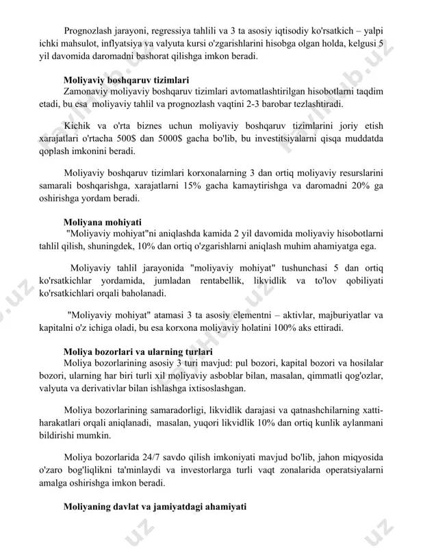 yil davomida daromadni bashorat qilishga imkon beradi. moliyaviy boshqaruv tizimlari zamonaviy moliyaviy boshqaruv tizimlari avtomatlashtirilgan hisobotlarni taqdim etadi, bu esa moliyaviy tahlil va prognozlash vaqtini 2-3 barobar tezlashtiradi. kichik va o'rta biznes uchun moliyaviy boshqaruv tizimlarini joriy etish xarajatlari o'rtacha 500$ dan 5000$ gacha bo'lib, bu investitsiyalarni qisqa muddatda qoplash imkonini beradi. moliyaviy boshqaruv tizimlari korxonalarning 3 dan ortiq moliyaviy resurslarini samarali boshqarishga, xarajatlarni 15% gacha kamaytirishga va daromadni 20% ga oshirishga yordam beradi. moliyana mohiyati "moliyaviy mohiyat"ni aniqlashda kamida 2 yil davomida moliyaviy hisobotlarni tahlil qilish, shuningdek, 10% dan ortiq o'zgarishlarni aniqlash muhim ahamiyatga ega. moliyaviy tahlil jarayonida "moliyaviy mohiyat" tushunchasi 5 dan ortiq ko'rsatkichlar yordamida, jumladan rentabellik, likvidlik va to'lov qobiliyati ko'rsatkichlari orqali baholanadi. "moliyaviy mohiyat" atamasi 3 ta asosiy elementni – aktivlar, majburiyatlar va kapitalni o'z ichiga oladi, bu esa korxona moliyaviy holatini 100% aks ettiradi. moliya bozorlari va ularning turlari moliya bozorlarining asosiy 3 turi mavjud: …