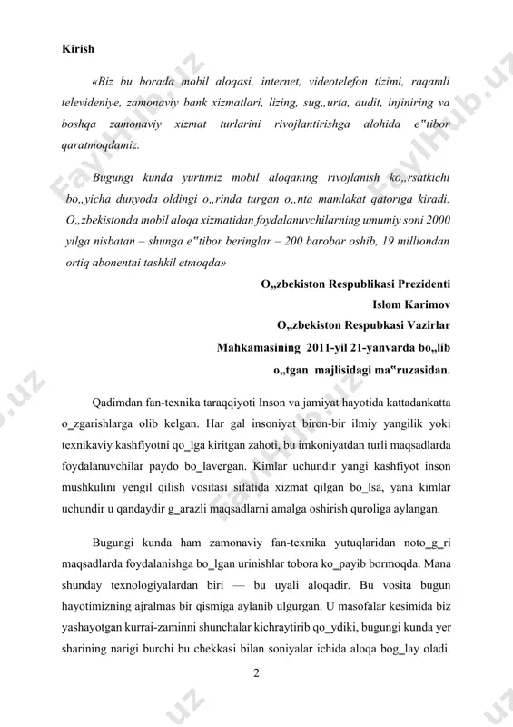 , internet, videotelefon tizimi, raqamli televideniye, zamonaviy bank xizmatlari, lizing, sug„urta, audit, injiniring va boshqa zamonaviy xizmat turlarini rivojlantirishga alohida e‟tibor qaratmoqdamiz. bugungi kunda yurtimiz mobil aloqaning rivojlanish ko„rsatkichi bo„yicha dunyoda oldingi o„rinda turgan o„nta mamlakat qatoriga kiradi. o„zbekistonda mobil aloqa xizmatidan foydalanuvchilarning umumiy soni 2000 yilga nisbatan – shunga e‟tibor beringlar – 200 barobar oshib, 19 milliondan ortiq abonentni tashkil etmoqda» o„zbеkiston rеspublikasi prеzidеnti islom karimov o„zbеkiston rеspubkasi vazirlar mahkamasining 2011-yil 21-yanvarda bo„lib o„tgan majlisidagi ma‟ruzasidan. qadimdan fan-texnika taraqqiyoti inson va jamiyat hayotida kattadankatta o‗zgarishlarga olib kelgan. har gal insoniyat biron-bir ilmiy yangilik yoki texnikaviy kashfiyotni qo‗lga kiritgan zahoti, bu imkoniyatdan turli maqsadlarda foydalanuvchilar paydo bo‗lavergan. kimlar uchundir yangi kashfiyot inson mushkulini yengil qilish vositasi sifatida xizmat qilgan bo‗lsa, yana kimlar uchundir u qandaydir g‗arazli maqsadlarni amalga oshirish quroliga aylangan. bugungi kunda ham zamonaviy fan-texnika yutuqlaridan noto‗g‗ri maqsadlarda foydalanishga bo‗lgan urinishlar tobora ko‗payib bormoqda. mana shunday texnologiyalardan biri — …
