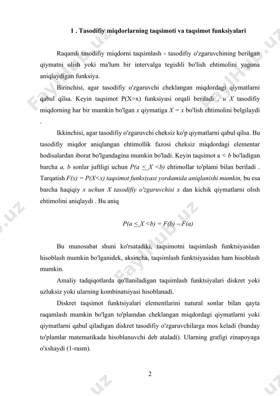 y = lg x ni ko'rib chiqing , bu erda lg x x sonining o'nlik logarifmidir . tenglik zanjiri f y (x) = p( log x 0 ehtimollik bilan t 0 qiymatini oladi . 3. miqdorlar " kabi tushuncha, bu erda 0 b sondir . diskret taqsimotlar uchun, qoida tariqasida, (4) tenglamani qanoatlantiradigan x p mavjud emas. aniqroq qilib aytadigan bo'lsak, agar tasodifiy o'zgaruvchining taqsimlanishi 1-jadvalda berilgan bo'lsa, bu erda x 1 0, b >0. bunda a - shakl parametri, b - masshtab parametri va c - siljish parametri. faktor 1/d(a) normallashtirish omili bo'lib, u shu maqsadda kiritilgan bu yerda d(a) matematikada qo‘llaniladigan maxsus funksiyalardan biri bo‘lib, “gamma funksiya” deb ataladi, bu funksiya yordamida (6) formula bo‘yicha berilgan taqsimot ham nomlanadi, a uchun formula (6) zichlikka ega bo'lgan taqsimot tomonidan yaratilgan taqsimotlar oilasini belgilaydi. shakl (7) taqsimoti standart gamma taqsimoti deb ataladi. u b = 1 va c = 0 …