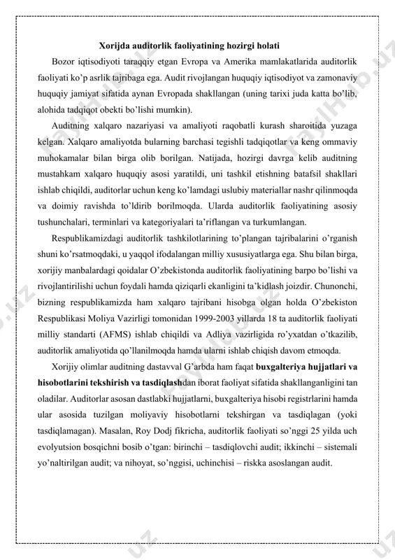 mlangan. respublikamizdagi auditorlik tashkilotlarining to’plangan tajribalarini o’rganish shuni ko’rsatmoqdaki, u yaqqol ifodalangan milliy xususiyatlarga ega. shu bilan birga, xorijiy manbalardagi qoidalar o’zbekistonda auditorlik faoliyatining barpo bo’lishi va rivojlantirilishi uchun foydali hamda qiziqarli ekanligini ta’kidlash joizdir. chunonchi, bizning respublikamizda ham xalqaro tajribani hisobga olgan holda o’zbekiston respublikasi moliya vazirligi tomonidan 1999-2003 yillarda 18 ta auditorlik faoliyati milliy standarti (afms) ishlab chiqildi va adliya vazirligida ro’yxatdan o’tkazilib, auditorlik amaliyotida qo’llanilmoqda hamda ularni ishlab chiqish davom etmoqda. xorijiy olimlar auditning dastavval g’arbda ham faqat buxgalteriya hujjatlari va hisobotlarini tekshirish va tasdiqlashdan iborat faoliyat sifatida shakllanganligini tan oladilar. auditorlar asosan dastlabki hujjatlarni, buxgalteriya hisobi registrlarini hamda ular asosida tuzilgan moliyaviy hisobotlarni tekshirgan va tasdiqlagan (yoki tasdiqlamagan). masalan, roy dodj fikricha, auditorlik faoliyati so’nggi 25 yilda uch evolyutsion bosqichni bosib o’tgan: birinchi – tasdiqlovchi audit; ikkinchi – sistemali yo’naltirilgan audit; va nihoyat, so’nggisi, uchinchisi – riskka asoslangan audit. demak, keyinchalik auditorlik faoliyati ma’lum bir tizimga …
