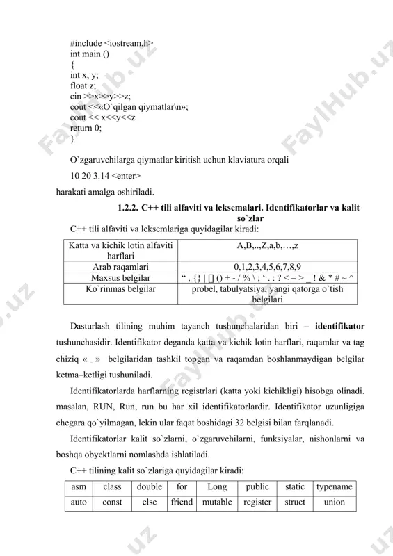 an qiymatdir. c++ tilida besh turdagi o`zgarmaslardan foydalanish mumkin: butun, haqiqiy, belgi, simvol va sanovchi o`zgarmaslar. 1. butun o`zgarmaslar.butun sonlar o`nlik, sakkizlik yoki o`n oltilik sanoq sistemalarida berilishi mumkin. o`nlik sanoq sistemasida butun sonlar 0-9 raqamlari ketma-ketligidan iborat bo`lib, birinchi raqami 0 bo`lishi kerak emas. sakkizlik sanoq sistemasida butun sonlar 0 bilan boshlanuvchi 0-7 raqamlaridan iborat ketma -ketlikdir. o`n oltilik sanoq sistemasida butun son 0x yoki 0x bilan boshlanuvchi 0-9 raqamlari va a-f yoki a-f harflaridan iborat ketma- ketlikdir. masalan 15 va 22 o`nlik sonlari sakkizlikda 017 va 026, o`n oltilikda 0xf va 0x16 shaklda tasvirlanadi. uzun butun o`zgarmaslar. oxiriga l yoki l (long) harflari quyilgan o`nlik, sakkizlik yoki o`n oltilik butun son. ishorasiz (unsigned) butun o`zgarmaslar. oxiriga u yoki u harflari qo`yilgan o`nlik, sakkizlik yoki o`n oltilik oddiy yoki uzun butun son. 2. haqiqiy o`zgarmaslar. olti qismdan iborat bo`lishi mumkin: butun qism, o`nli nuqta belgisi, kasr qism, e yoki …
