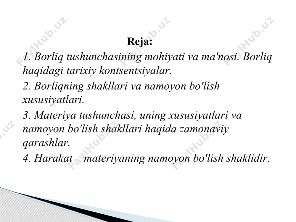 fikricha, borliq shunday umumiylikki, u hamma narsaning asosida yotadi, demak, borliq hamma narsaning asosidir. borliq o'ziga ob'ektiv va sub'ektiv reallikni, mavjud bo'lgan va mavjud bo'ladigan olamlarni, moddiylik va ma'naviylikni, o'tmish va kelajakni, o'limni va hayotni, ruh va jismni qamrab oluvchi umumiy tushunchadir. materialistik mazmundagi borliq tushunchasi bu: faqat ob'ektiv real olam, ongdan tashqaridagi, unga bog’liq bo'lmagan jismoniy mohiyatga ega bo'lgan narsalargina kiritiladi. borliqning ideal, virtual, potensial, abstrakt, ma'naviy shakllari bu ta'rifdan tashqarida qoladi. 9 9 mavjudlik — borliqning hozirgi paytda namoyon bo'lib turgan qismi bo'lib, o'tgan va mavjud bo'ladigan narsa va hodisalar ham borliq tushunchasiga kiradi. reallik esa, mavjudlikning hammaga ayon bo'lgan, ular tomonidan tan olingan qismi. borliq mavjudlik va reallik tushunchalariga qaraganda ham kengroq tushunchadir. an'anaviy falsafiy qarashlarda borliqning uchta sohasi ajratib ko'rsatiladi. tabiat borlig’i jamiyat borlig’i ong borlig’i borliqning shakllari va namoyon bo'lish xususiyatlari tabiat borliqi odatda tabiatdagi narsalar (jismlar), jarayonlar, holatlar borliqi sifatida tushuniladi. u ikkiga bo'linadi: …