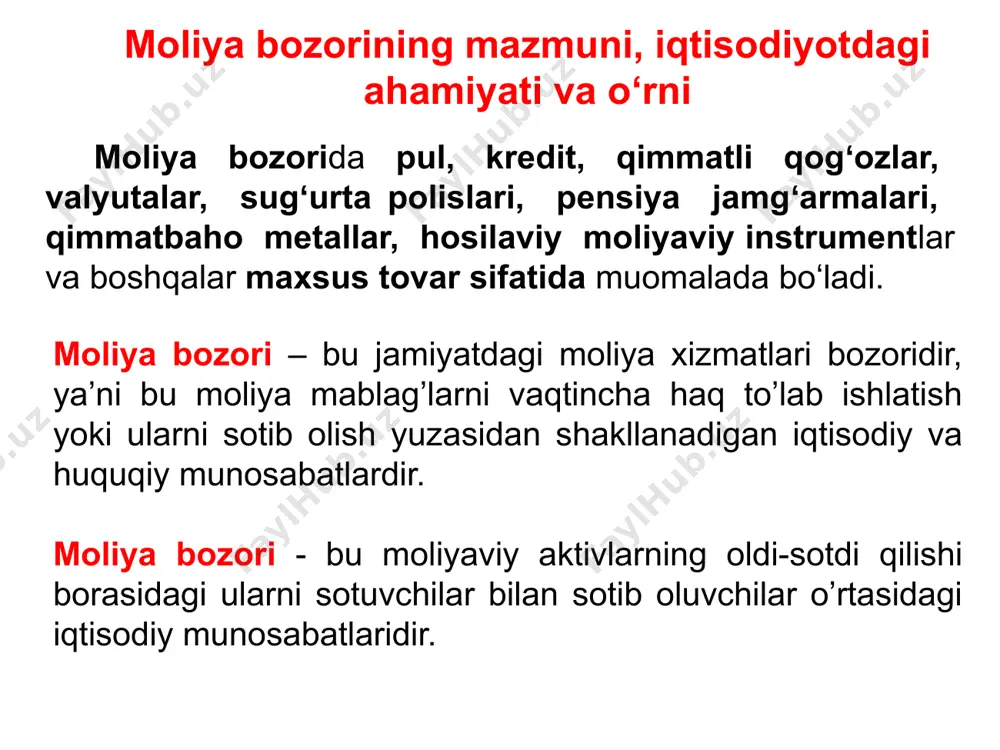 blashmagan (yoki “ko’cha”) bozor. 5. qatnashchilarning manfaatlarini ta’minlanganligi xarakter bo’yicha: - emitentlarning manfaatlariga yo’naltirilgan bozor; - investorlar manfaatlariga yo’naltirilgan bozor; - professional institutlar manfaatlariga yo’naltirilgan bozor. 6. moliyaviy instrumentlarning emitentlari bo’yicha: - davlatning (markaziy bank, moliya vazirligi, g’azna kabilar) moliyaviy instrumentlari bozori; - mahalliy xokimiyat organlarining (munitsipalitet, meriya, xokimiyat) moliyaviy instrumentlari; - korporativ moliyaviy instrumentlar (kompaniyalar, firmalarniki); - moliya institutlarining (banklar, sug’urta va kredit tashkilotlari, investitsiya institutlari, fondlar) moliyaviy instrumentlari; - lotereya o’yinlari instrumentlari (bular moliyaviy instrumentlar bo’lib, qimmatli qog’ozlar hisoblanmaydi). moliya bozori tasnifi va turlari tavsifi 7. moliyaviy instrumentlarni etkazish xarakteri bo’yicha: - spot (kassaviy) bozori, unda haridor va sotuvchi o’rtasidagi o’zaro hisob-kitob 1-3 kun ichida to’g’ridan to’g’ri (ya’ni “to’lov asosida etkazish” tamoyili asosida) amalga oshiriladi; - muddatli bozor, unda hisob-kitob operatsiyasi shartnomada (odatda, derivativlarning parametrlari bo’yicha) belgilangan muddatda bajariladi. 8. masshtabi bo’yicha: - milliy bozor (mamlakat ichida faoliyat ko’rsativchi); - regional (hududiy, territorial) bozor (masalan, evrobozor, evrazes bozori); …