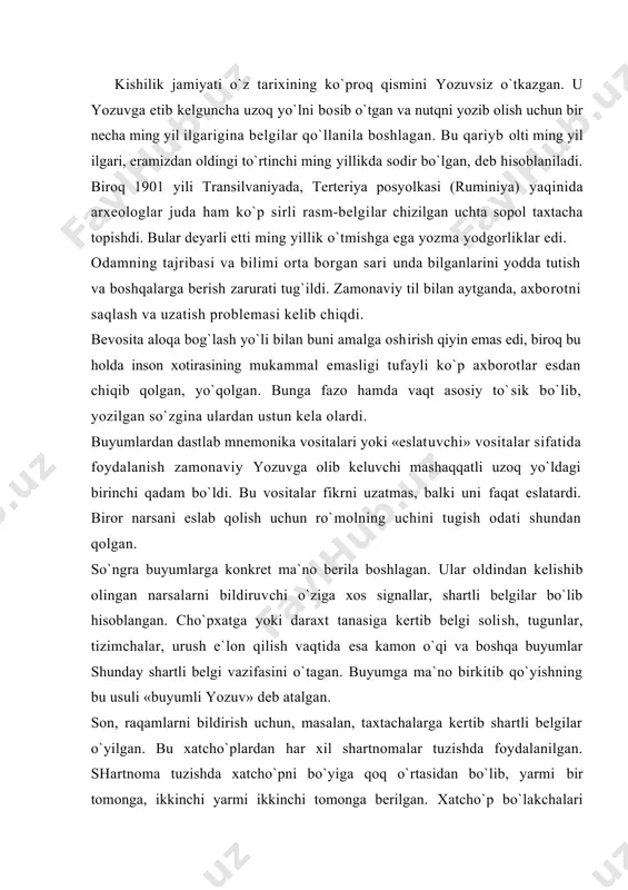 rni bildirish uchun, masalan, taxtachalarga kertib shartli belgilar o`yilgan. bu xatcho`plardan har xil shartnomalar tuzishda foydalanilgan. shartnoma tuzishda xatcho`pni bo`yiga qoq o`rtasidan bo`lib, yarmi bir tomonga, ikkinchi yarmi ikkinchi tomonga berilgan. xatcho`p bo`lakchalari birlashtirilganda kertiklar bir-biriga mos kelgan. xatcho`plar kalendar sifatida ham qo`llanilgan (unga kunlar, haftalar soni va xakazolar o`yilgan). ular qarz shartnomalarida tilxat o`rnida ham xizmat qilgan. xotirada uzoq vaqt saqlab turilishi lozim bo`lgan voqealar to`g`risidagi unutilmas ma`lumotlar ro`yxati sifatida ham xatcho`plardan foydalanilgan. to`g`ri hisob-kitob uchun hisoblash tizimchalari qo`llanilgan. ular perulik cho`ponlarda, latin amerikasi va afrikaning boshqa ba`zi xalqlarida hozir ham bor. bir tizimcha ho`kizlarni, boshqa tizimcha sigirlarni sanash uchun xizmat qiladi; bu tizimcha ikki tutamga ajratiladi - bir tutami bilan sog`im sigirlar va boshqa tutami bilan bo`g`oz sigirlar sanaladi. uchinchi tizimcha buzoqlarni sanash uchun ishlatiladi. tizimchadagi tugunlar soni shu cho`ponning podasida necha bosh mol borligini bildiradi. qadimgi xitoylar ham hisob-kitob va yodda saqlash uchun tizimchalardagi tugunlardan foydalanganlar. qadimgi …
