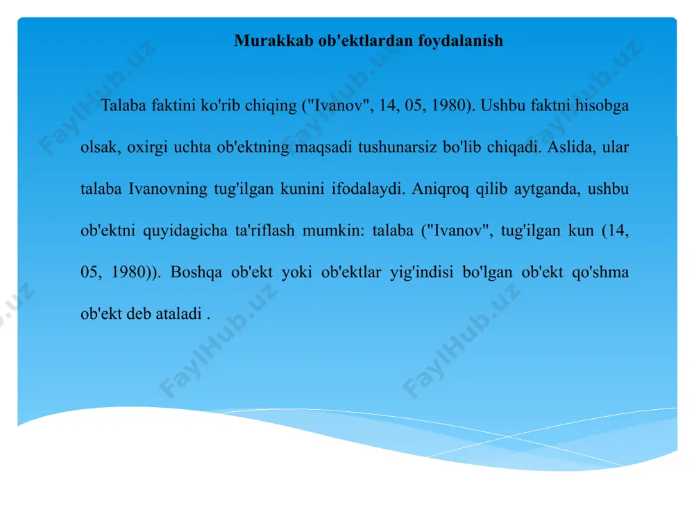 ng qaytishi")). egalik qiladi ("sidorov", rekord("elton jon", "muz yarmarkasi", "mashhur")). prologda takrorlashni tashkil qilish ko'pincha dasturlarda bir xil vazifani bir necha marta bajarish kerak bo'ladi. xuddi shu vazifani bir necha marta bajaradigan qoidalarni amalga oshirishning ikki yo'li mavjud. ulardan birinchisini takrorlash, ikkinchisini esa rekursiya deb ataymiz. takrorlashni amalga oshiradigan turbo-prolog qoidalari orqaga qaytishdan foydalanadi va rekursiyani amalga oshiradigan qoidalar o'z-o'zini chaqirishdan foydalanadi. takrorlashni amalga oshiradigan qoida turi quyidagicha: takrorlanuvchi_qoida:- /* takrorlash qoidasi */ , muvaffaqiyatsiz. /* muvaffaqiyatsizlik */ ushbu qoidaning asosiy qismidagi konstruktsiyasi bir nechta bayonotlarni o'z ichiga olgan predikatlarni, shuningdek, dasturda belgilangan qoidalarni bildiradi. o'rnatilgan muvaffaqiyatsiz predikati orqaga qaytishga olib keladi, shuning uchun predikatlar va qoidalar yana bajariladi. rekursiyani bajaradigan qoida turi quyidagicha: rekursiv_qoida:- /* rekursiv qoida */ , rekursiv_qoida. e'tibor bering, ushbu qoidaning asosiy qismidagi oxirgi qoida rekursiv_qoidaning o'zi. bu rekursiya: qoidaning tanasi o'ziga qo'ng'iroqni o'z ichiga oladi. takrorlash va rekursiya qoidalari bir xil natijani berishi mumkin, garchi …