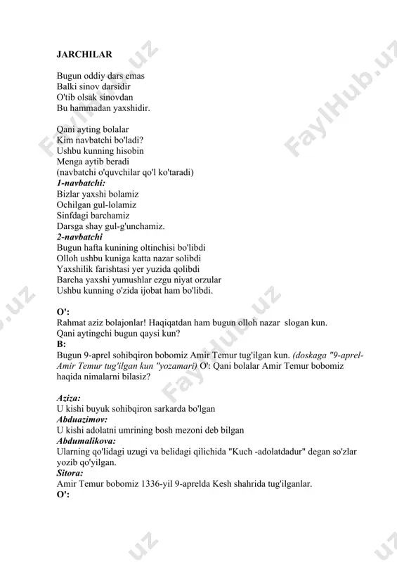 aytadi 4qator) o': rahmat! yana doira shaklida turib oling. bolalar keling hammamiz qushlar bo'lib diorimizga uchib kelamiz. men ishora qilganda inlarga bo'linib qo'nib olamiz. (bahor valsidagi bulbul sayragan joyi musuqasi yangraydi) o': qo'ndik (chapak chalaman 5ta inga ular qo'nadilar) endi mana 5 guruhga bo'linib oldik. 1-indagilar "musavvirlar" guruhi bo'ladi, joyingizni egallang. 2-indagilar "me'muarlar" guruhi bo'ladi, joyingizni egallang. 3-indagilar "naqqoshlar" guruhi bo'ladi, joyingizni egallang. 4-indagilar "natyurmort" guruhi bo'ladi, joyingizni egallang. 5-indagilar "peyzaj" guruhi bo'ladi, joyingizni egallang. o': qani bolalar o'tirib oldikmi? endi har bir guruh o'z shiorlarini aytib bizlarga o'z -o'zingizni tanishtiring. 1-guruh "musavvirlar". bizlar yosh "musavvirlar" yosh rassomlar bo'lamiz ishingiz tushsa bizga doim tayyor turamiz. 2-guruh "me'miarlar" "me'muarlar" deb atadik inoq guruhimizni ilohim issiq qilsin bizlarning yuzimizni 3-guruh "naqqoshlar" bo'laylik muruvvatli bilimdon o'g'il-qizlar "naqqoshlar" deb atadik guruhimizni bizlar. 4-guruh "natyurmort" temur bobom tanlagan oydin yo'ldan yuramiz adolat maydonida qalqon bo'lib turamiz. 5-guruh "peyzaj" xayollarda oq qush misol uchaman orzularning osmonlni …