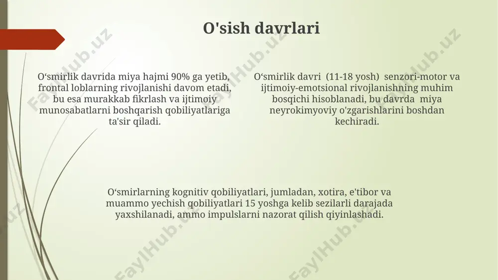aradorligi, kamida 3 ta asosiy omilga - oila, ta’lim muassasasi va tengdoshlar guruhiga bog‘liq bo‘lib, ularning har biri shaxsning ijtimoiylashuvida muhim rol o‘ynaydi. ijtimoiylashuv jarayonida shaxsning 5 yoshgacha bo‘lgan davrida asosiy ijtimoiy ko‘nikmalar, xususan, til o‘rganish va muloqot qilish qobiliyatlari rivojlanadi, bu keyingi psixososial rivojlanish uchun poydevor bo‘lib xizmat qiladi. ijtimoiylashuvning muhim jihati - o‘ziga xos ijtimoiy rollarni o‘zlashtirish bo‘lib, bu jarayon odatda 12-18 yosh oralig‘ida intensivlashadi va shaxsning jamiyatdagi o‘rnini aniqlashga yordam beradi. kognitiv rivojlanish bolalar 7 yoshga kelib, konkret operatsiyalar bosqichiga o'tishadi va bu bosqichda ular ob'ektlarni tasniflash, ularning miqdorini solishtirish kabi mantiqiy operatsiyalarni amalga oshirish imkoniyatiga ega bo'ladilar. kognitiv rivojlanishning asosiy bosqichlari, pijo tizimiga ko'ra, 4 ta asosiy bosqichdan iborat bo'lib, har bir bosqich o'ziga xos kognitiv qobiliyatlarning rivojlanishi bilan tavsiflanadi: sensor-motor, preoperatsional, konkret operatsiyalar va formal operatsiyalar. kognitiv rivojlanishning vygotskiy nazariyasi yaqin rivojlanish zonasini (yrz) ta'kidlaydi, bu erda bola mustaqil ravishda bajara olmaydigan vazifalarni kattalar yordami …
